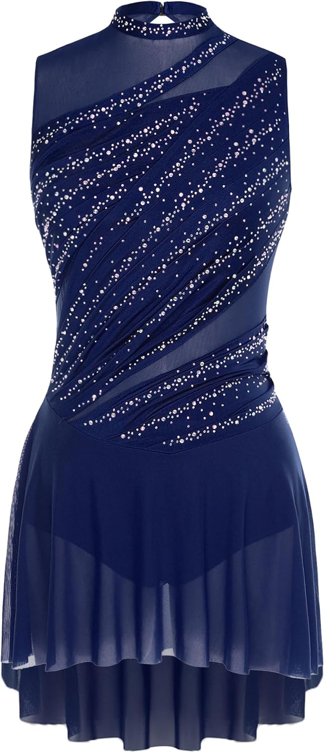 Women Lyrical Dance Dress Contemporary Dancewear Shiny Rhinestones Ice Skating Dress with Mesh Gloves