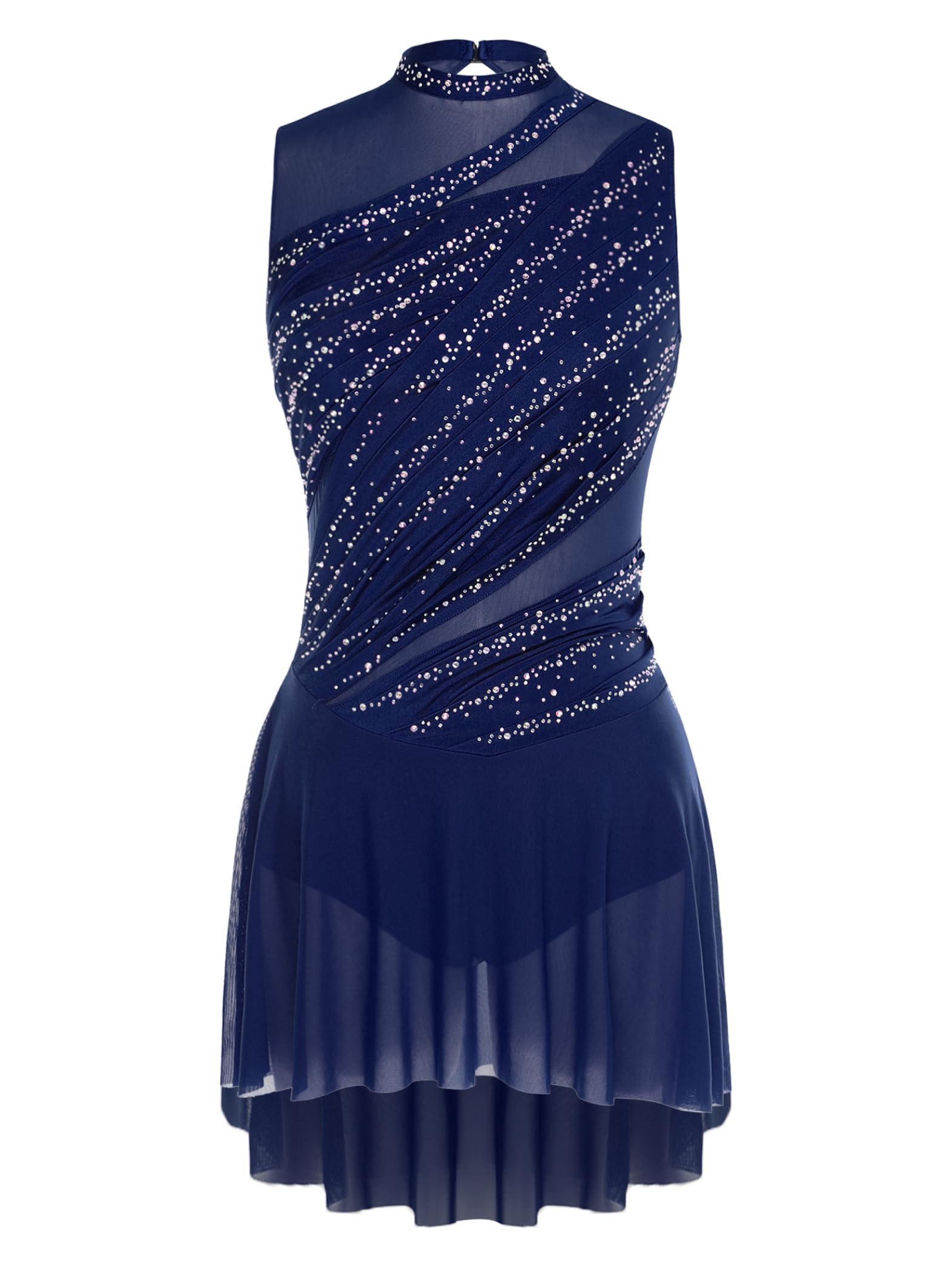 Femme Robe Patinage Artistique Strass Justaucorps Gymnastique sans Manches Leotard Danse Tenue Spectacle Costume Compétition