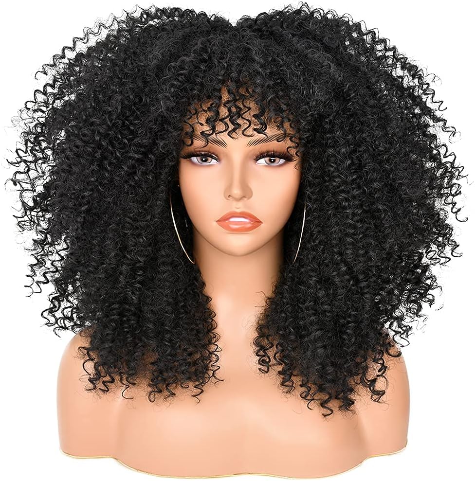HIHOO Short Curly Afro Wig With Bangs for Black Women Black Kinky Curly Hair Wig Synthetic Full 16 Inch Wig(Black)