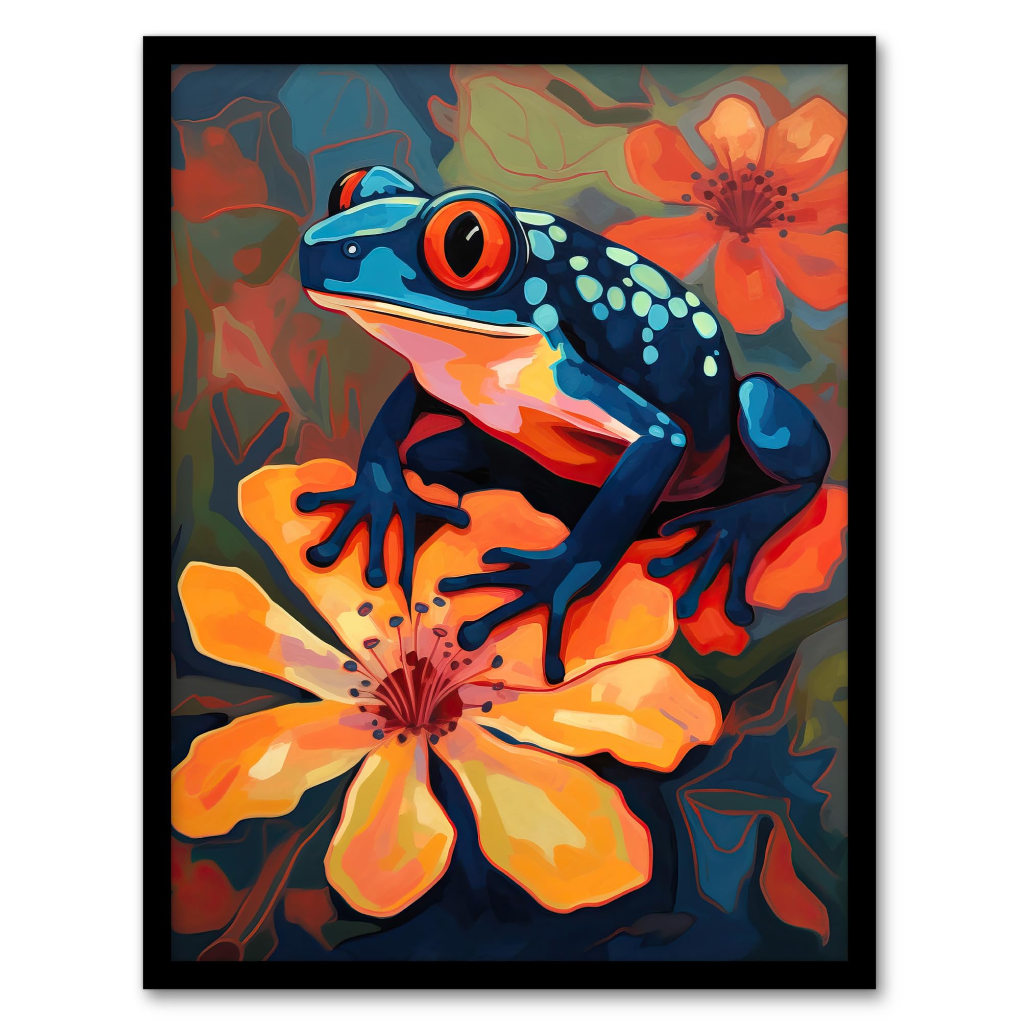 Artery8 Tropical Blue Frog On Orange Flower Striking Oil Painting Amazon Jungle Artwork Framed Wall Art Print A4