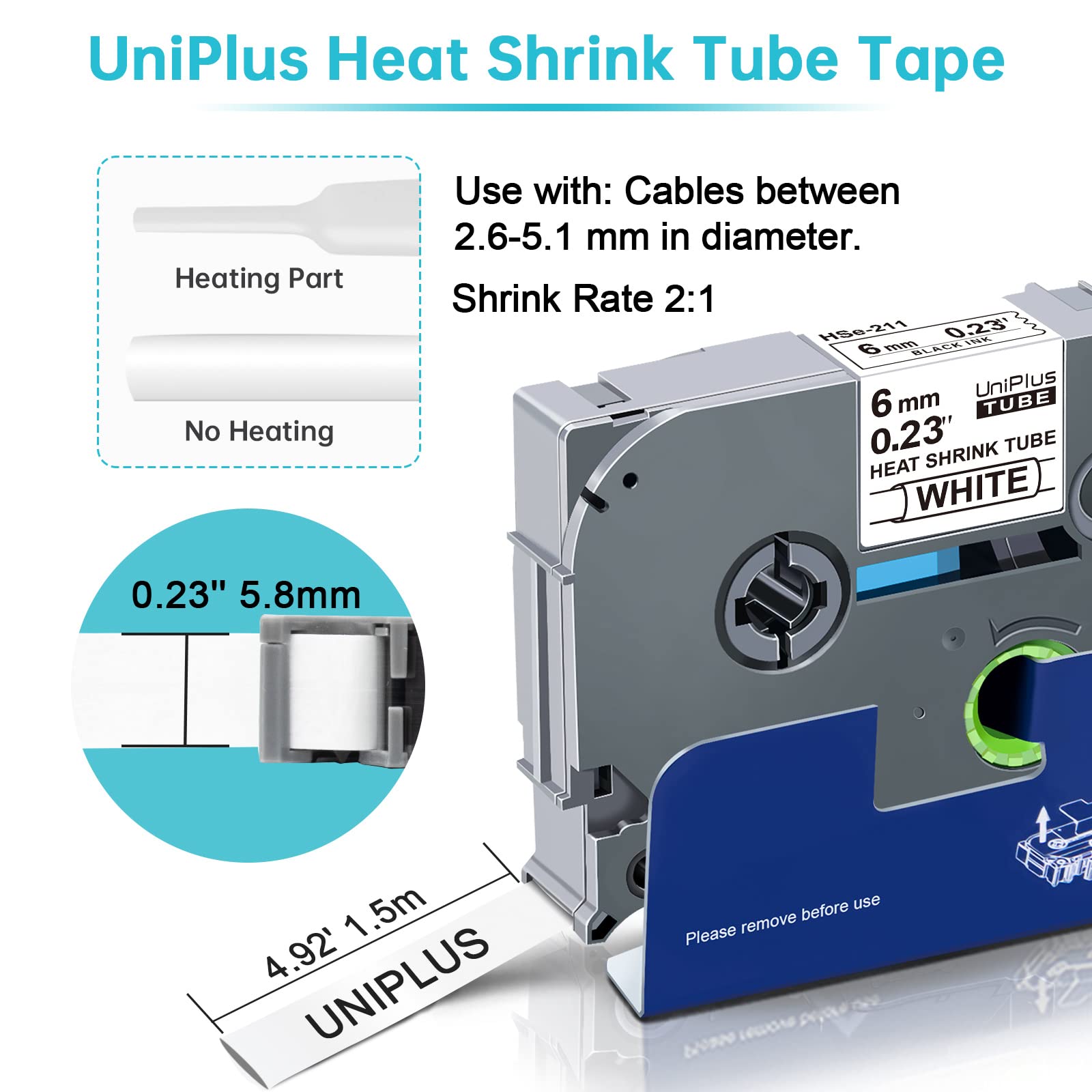 NineLeaf 2 x compatibel met Brother HSe-211 HSe211 HS-211 HSe krimpkous labeltape 5,8 mm zwart op wit labeltape voor kabels in Ptouch PT-E300 E500 E550W E800W P900 H500 P950NW P750WVP