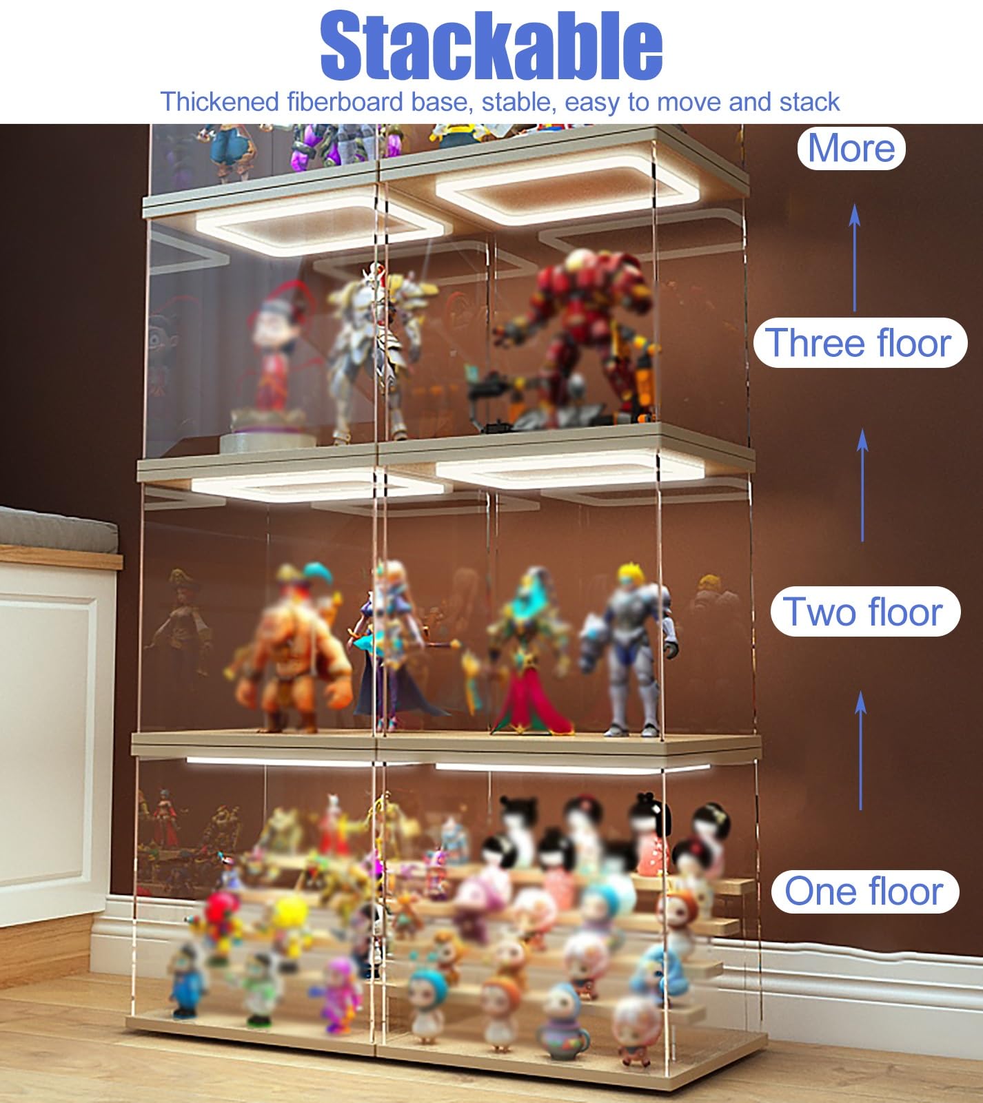 Vitrina Expositora Vitrina Transparente Miniaturas Grandes con Luz LED Cálida | Cajas Expositoras Altas Apilables para Coleccionables, Contenedores Organizadores Figuras Acción(25x25xH45cm/10x10x18in)