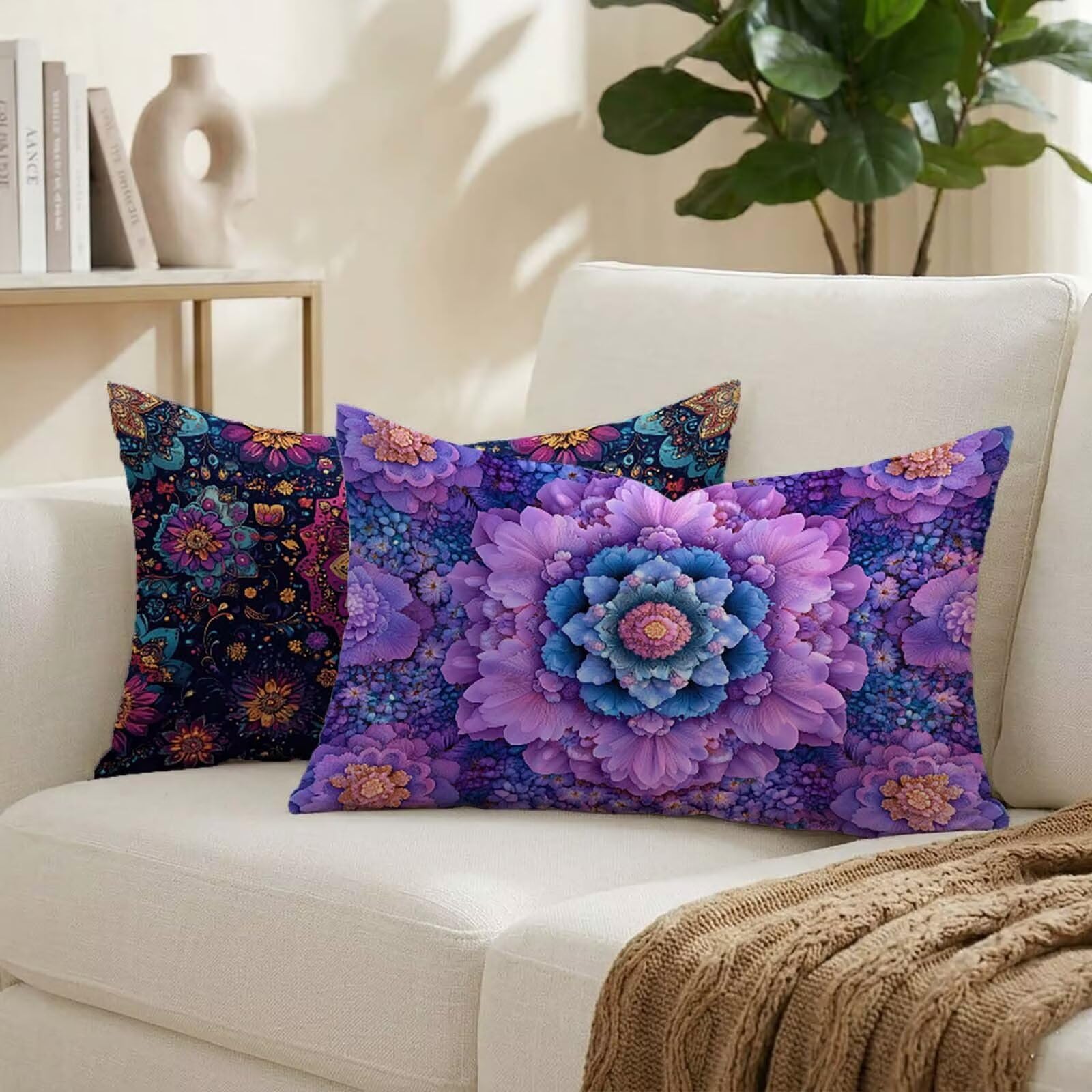Coussin exterieur impermeable violet anti tache, lot de 2 housses coussin 50x80 motif mandala lin