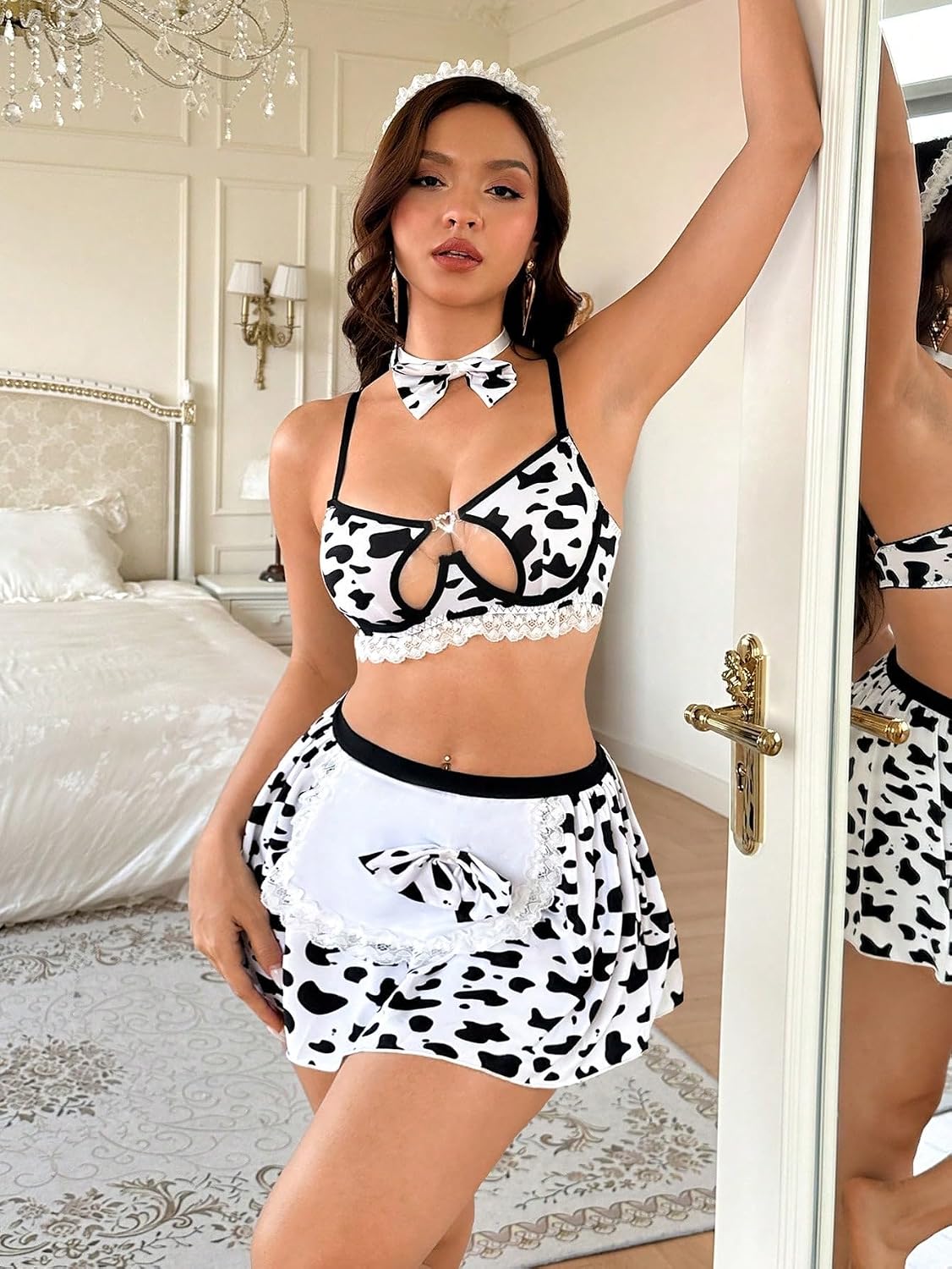 Alrovetoney Sexy Lingerie For Women Costume 3 Pcs Lace Patchwork Costume Sexy Babydoll Lingerie Dress And Apron