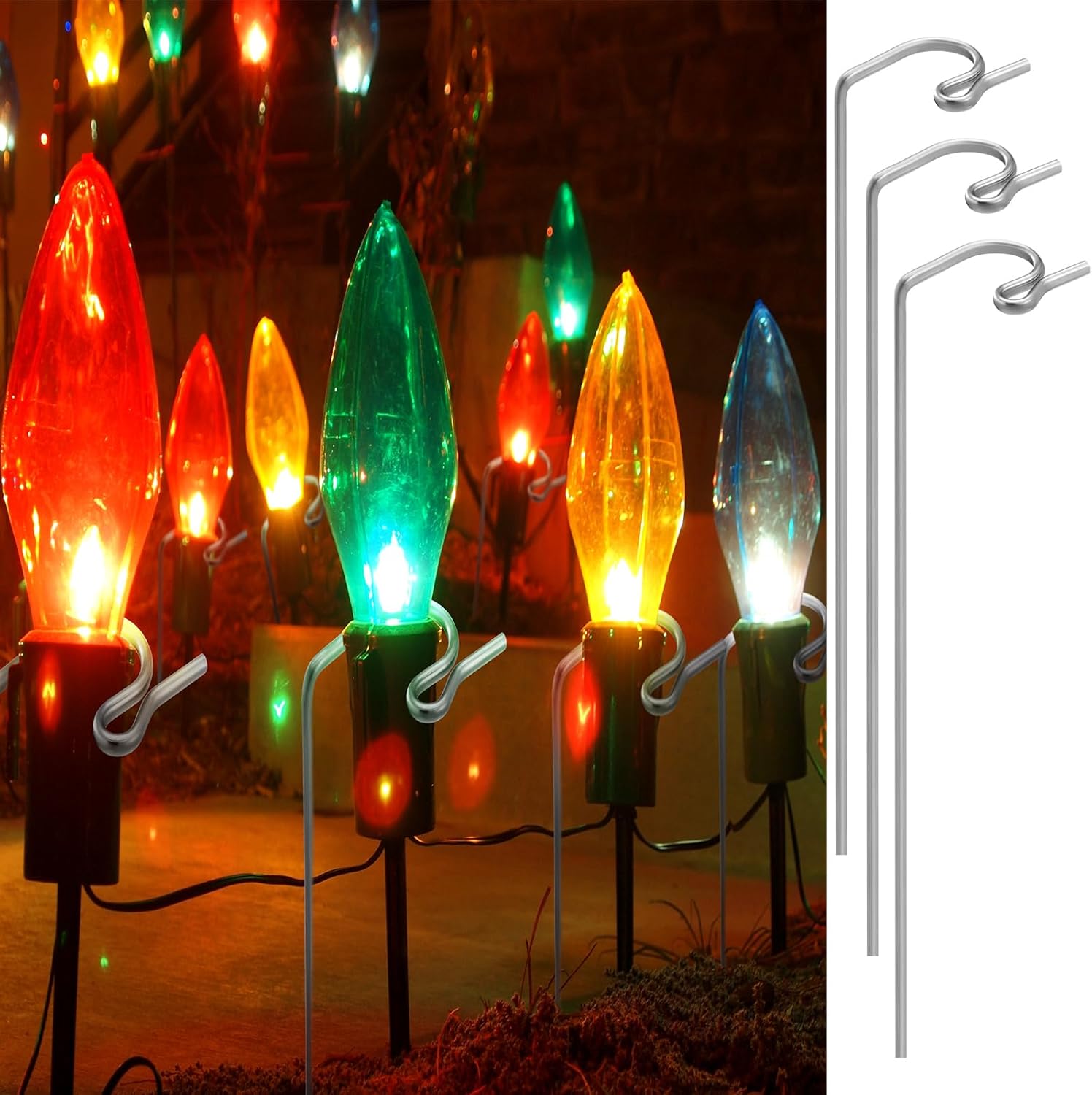 Ferraycle 24 Pack 10 Inches Christmas Light Stakes Metal Yard Lawn Tall Outdoor Christmas Light Stakes for Outside Yard Universal Xmas Pathway Lights on Yards(Black)