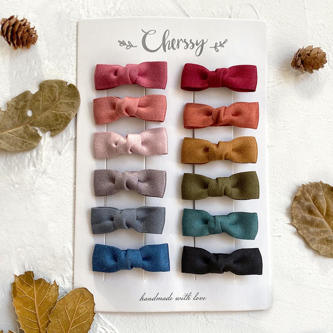 Boutique Baby Hair Clips, 12pcs Suede Mini Bows Hair Barrettes, Fully Lined Hair Pins for Infant Toddler Girl's Fine Hair by Cherssy