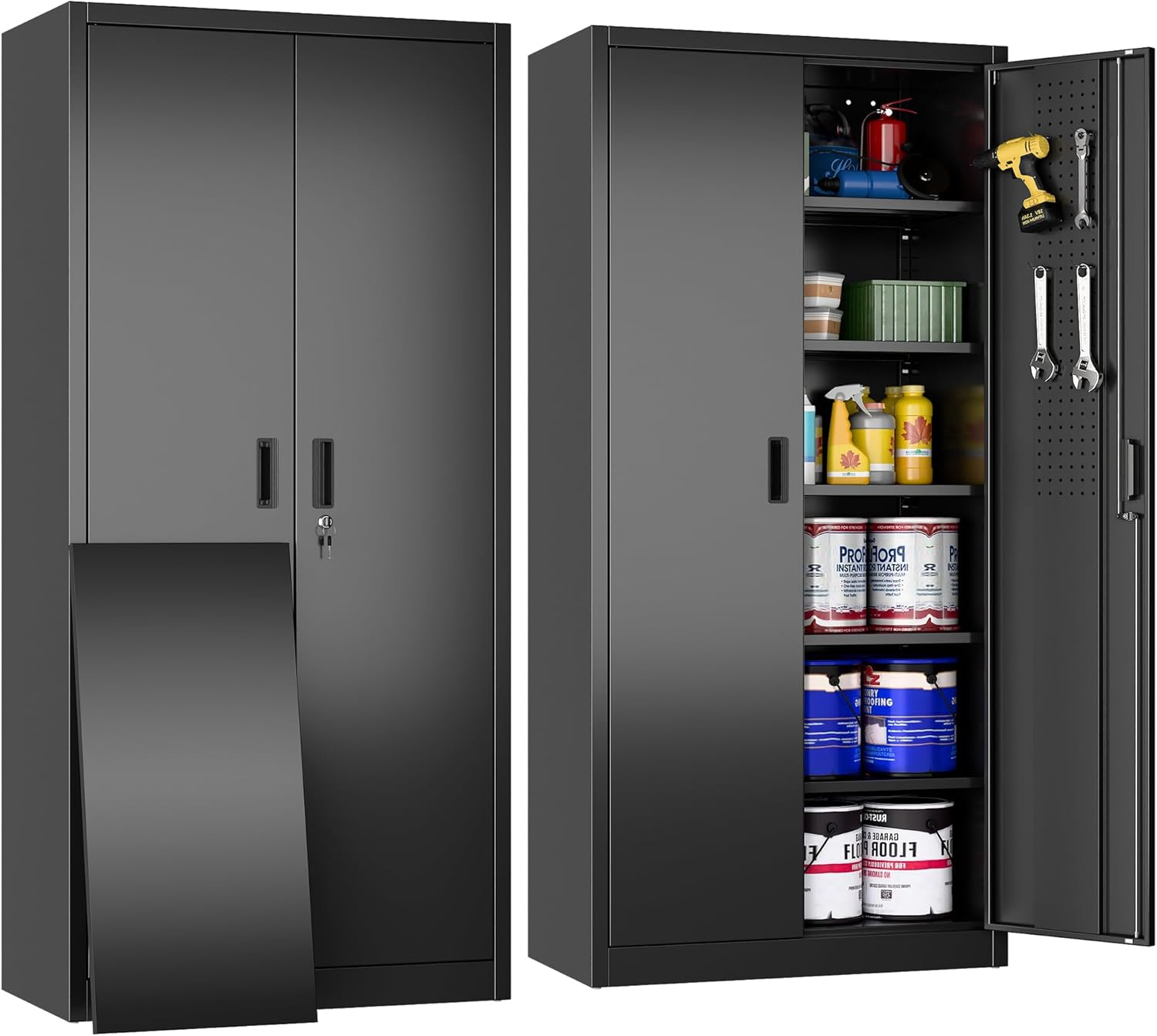 Lockable Garage Storage Cabinet with 5 Adjustable Shelves, 71" H Black Metal Storage Cabinet with 2 Pegboard Doors for Garage, Home, Assembly Required, Black