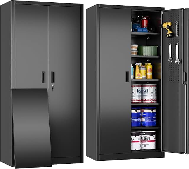 Lockable Garage Storage Cabinet with 5 Adjustable Shelves, 71