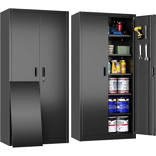 Metal Storage Cabinet with 5 Adjustable Shelves and Pegboard, 71" H×32" W×16" D Garage Storage Cabinet with Lockable Doors for Garage,Office,Home,Gym,School, Lockable File Cabinet, Black