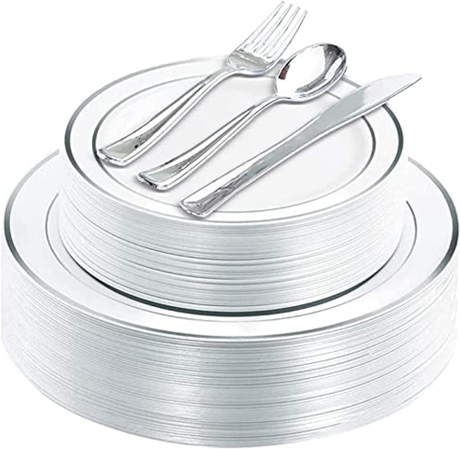 Aiwanto 150Piece Dinnerware Set - (25 10.25" Dinner Plates and 25 7.5" Salad plates) - 25 Plastic Silverware - 25 Cups, 25 Guest Disposable Silver Dinnerware Set (B)