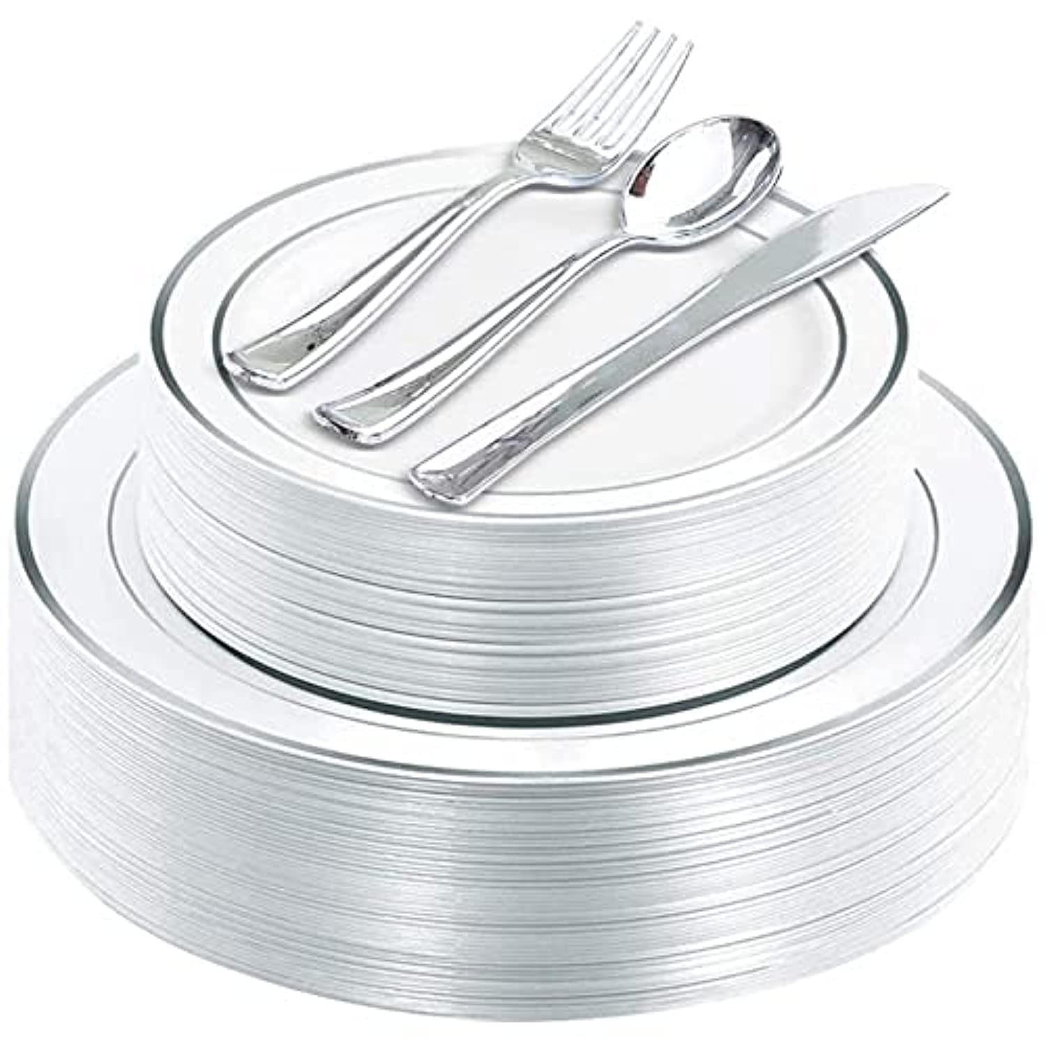 Aiwanto 150Piece Dinnerware Set - (25 10.25" Dinner Plates and 25 7.5" Salad plates) - 25 Plastic Silverware - 25 Cups, 25 Guest Disposable Silver Dinnerware Set (B)