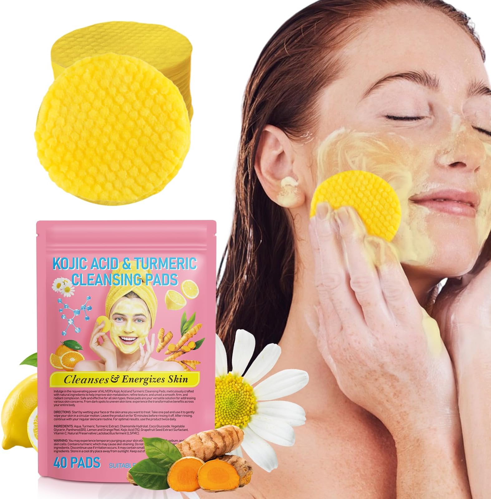 Turmeric Kojic Acid Cleansing Pads, Kojic Acid And Turmeric Cleansing Pads Helps Balance Skin Oil And Water, Remove Excess Keratin From The Body'S Skin, 40PCS