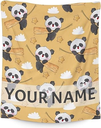 Personalized Panda Blanket Gifts with Name - 40"x50" Cute Throw Blanket for Kids, Adults - Yellow Soft Fuzzy Blankets for Couch & Sofa