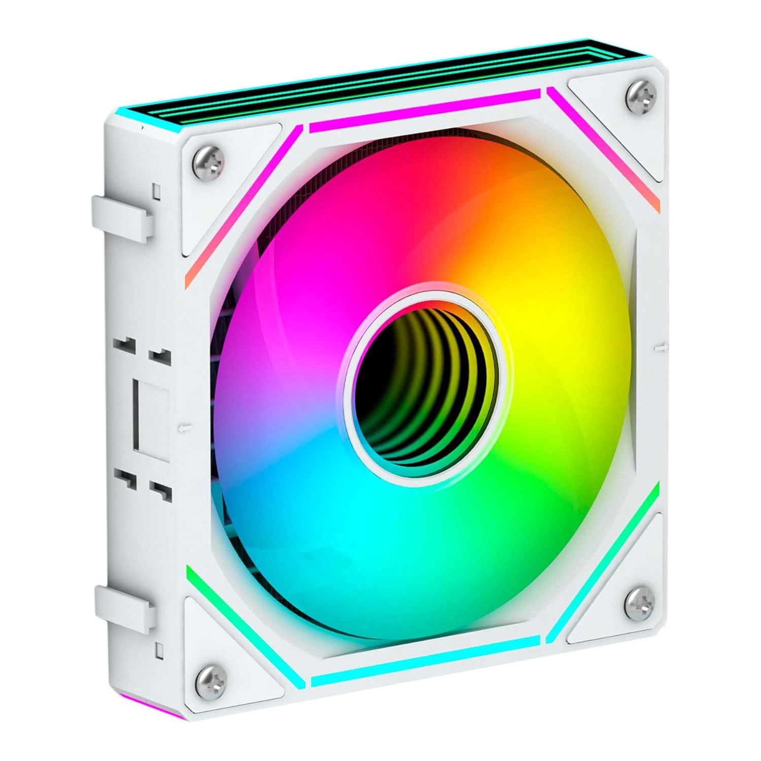 Nærbillede view of a single 120mm ARGB fan from the Abysm Gaming Oceanic 360 liquid cooler