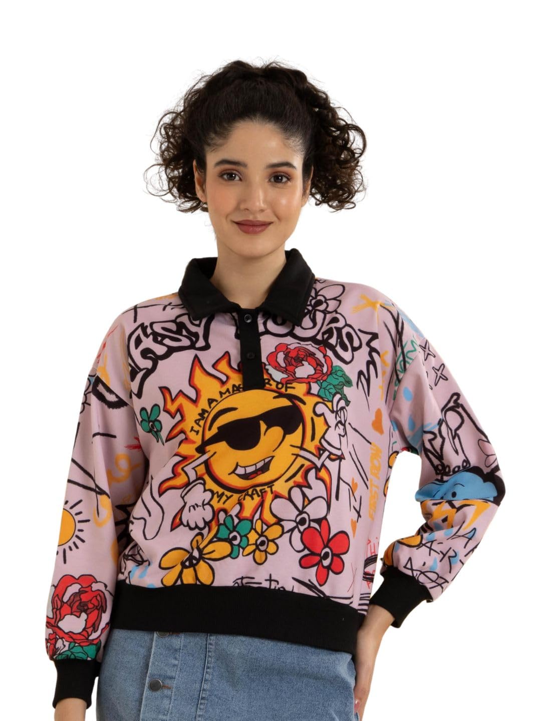 tandul Women Multicolor Sweatshirt - Fleece Printed Full Sleeve Collared Neck-picture-26