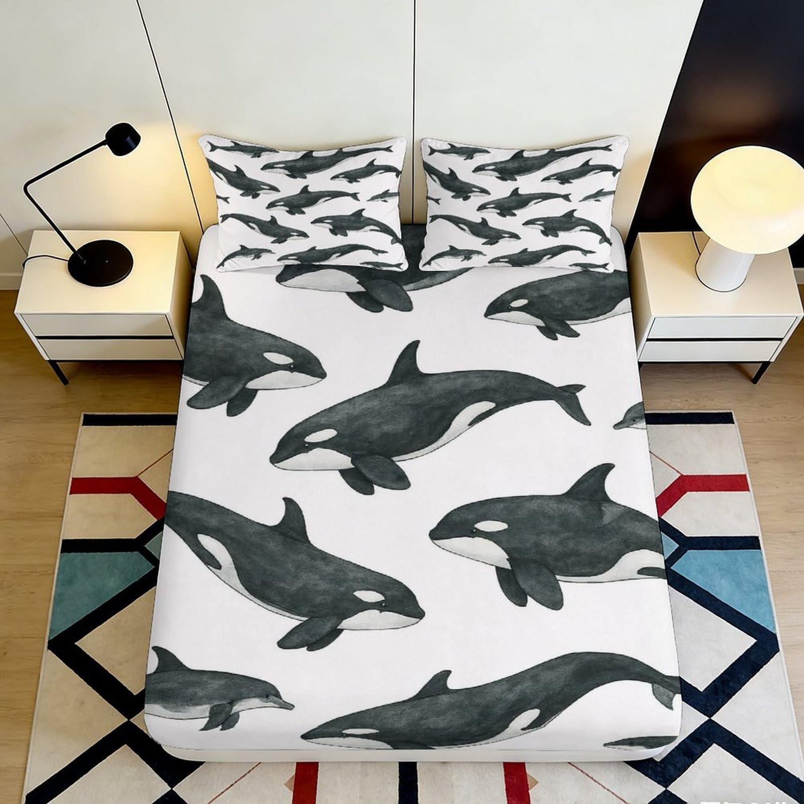 3D Printed Orca Whale Fitted Sheet Microfiber Soft Durable Killer Whale Bed Cover for Bedroom Dormitory Guest Room Mattress Protection Decor 180x200x25cm