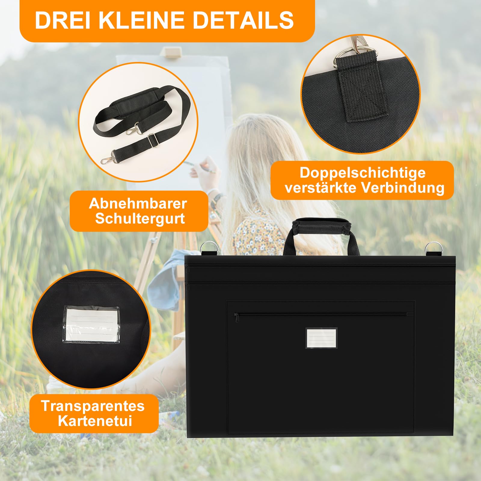 Borsa Portaoggetti da 54 x 66 cm per Tavolo da Disegno Con maniglia,Borsa per tavolo da disegno,Borsa Artistica Nera per Forniture per Artisti, Libri e Cartelle, Con Tracolla - Nero