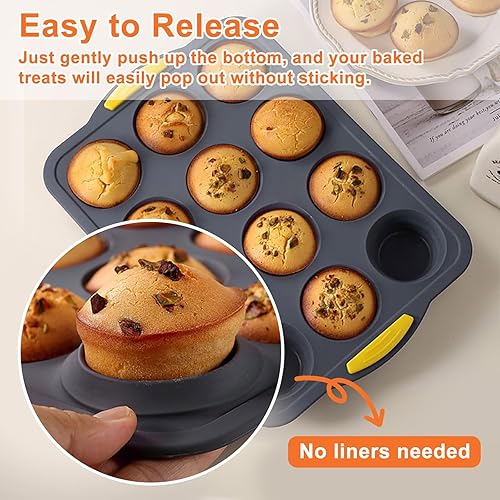 Miniatura 4 de Molde de silicona para magdalenas para hornear con marco reforzado de metal, bandeja plegable para magdalenas 12 tazas para hornear magdalenas
