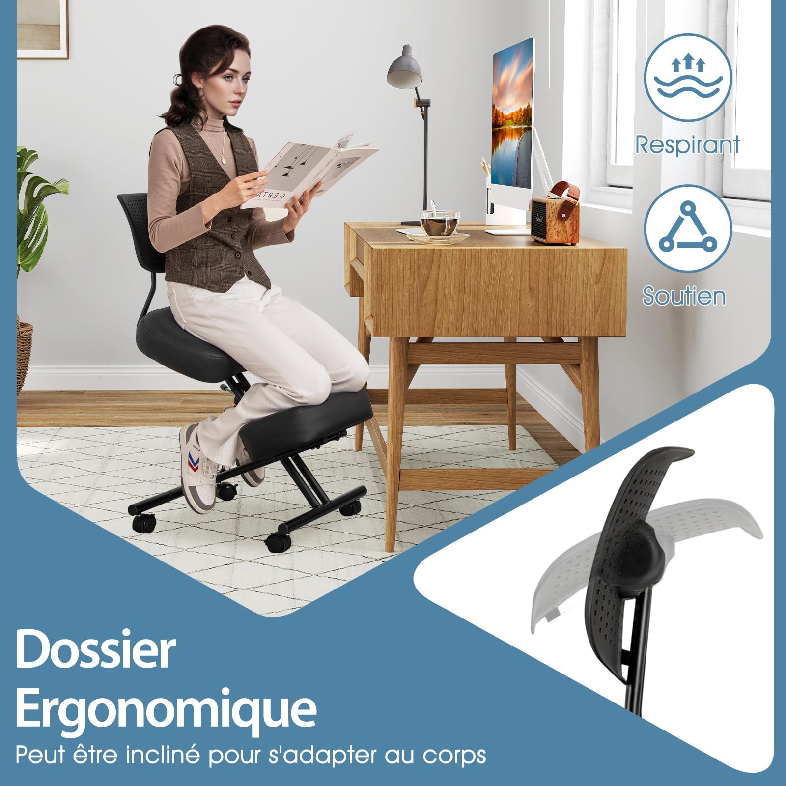 COSTWAY Chaise à Genoux Ergonomique avec Dossier, Siege Assis Genoux Réglable, Tabouret Bureau Orthopédique avec Roues Universelles Verrouillables, Correcteur de Posture Confortable, Noir
