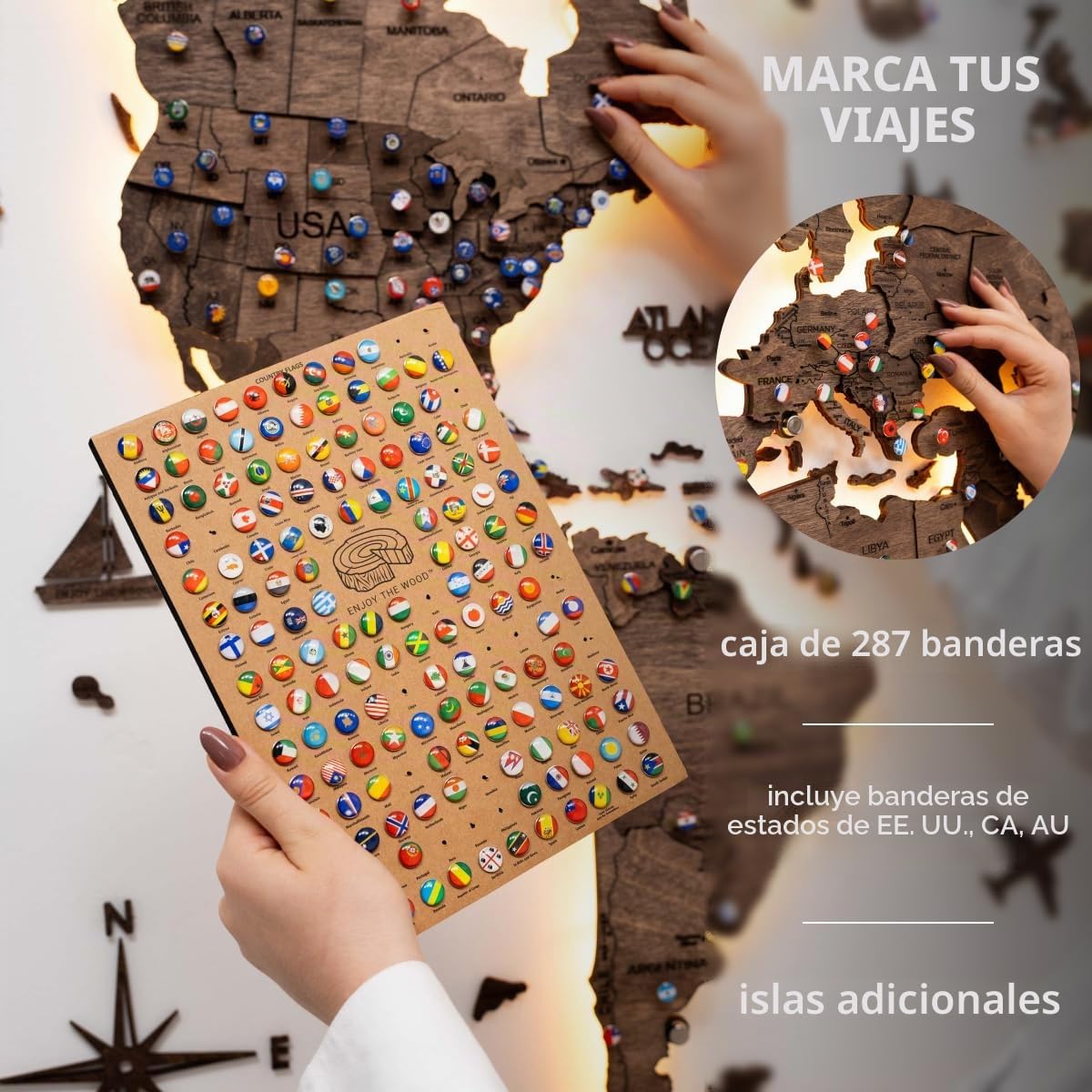 Enjoy The Wood Mapa del mundo de madera 3D LED arte de pared moderno para decoración del hogar, regalos de iluminación LED, decoración de pared, regalo de inauguración de la casa (Dark Walnut)