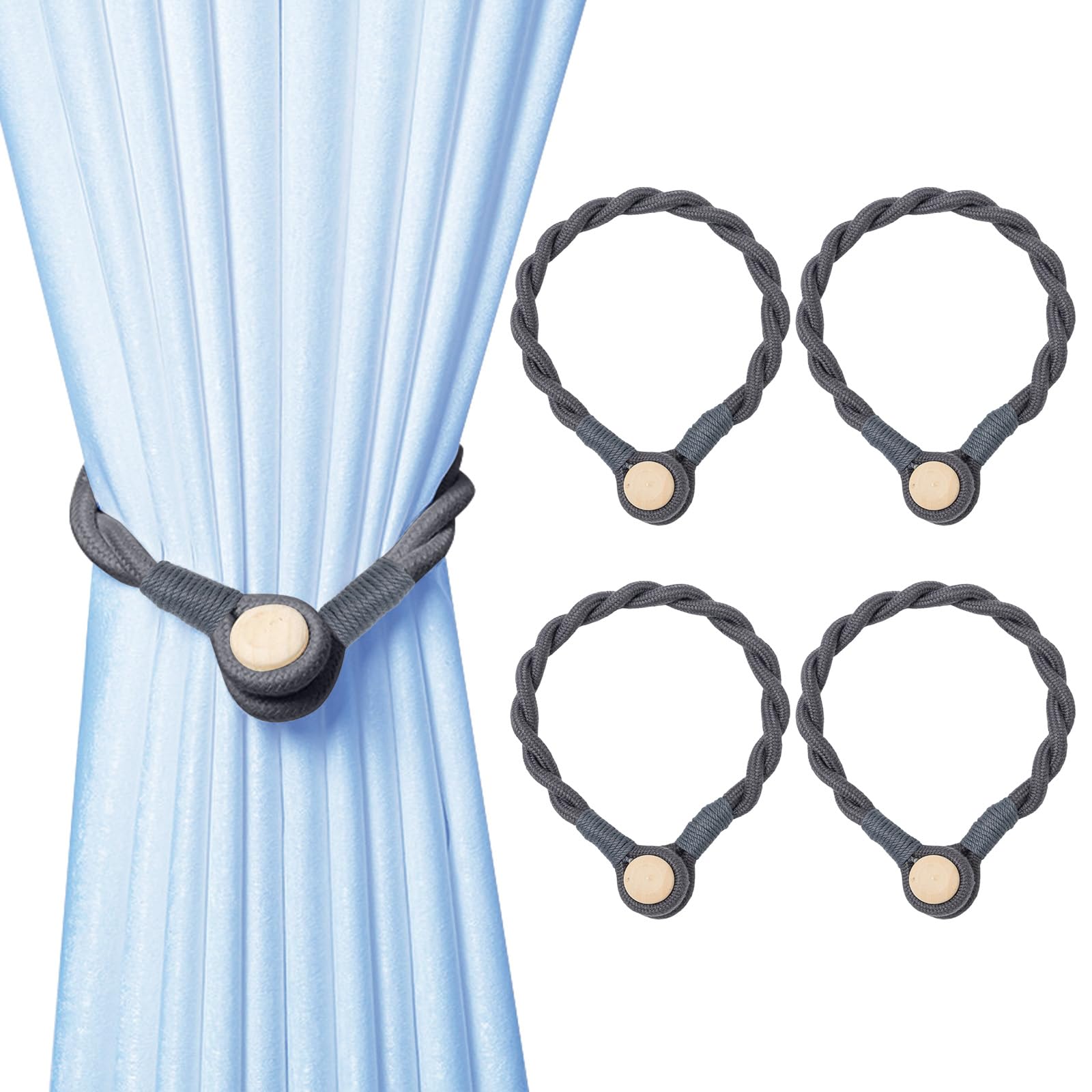 COGVOHY 4 Pack Magnetic Curtain Tie Backs, Modern Rope Curtain Tiebacks for Home & Office Window Drapery (Grey)