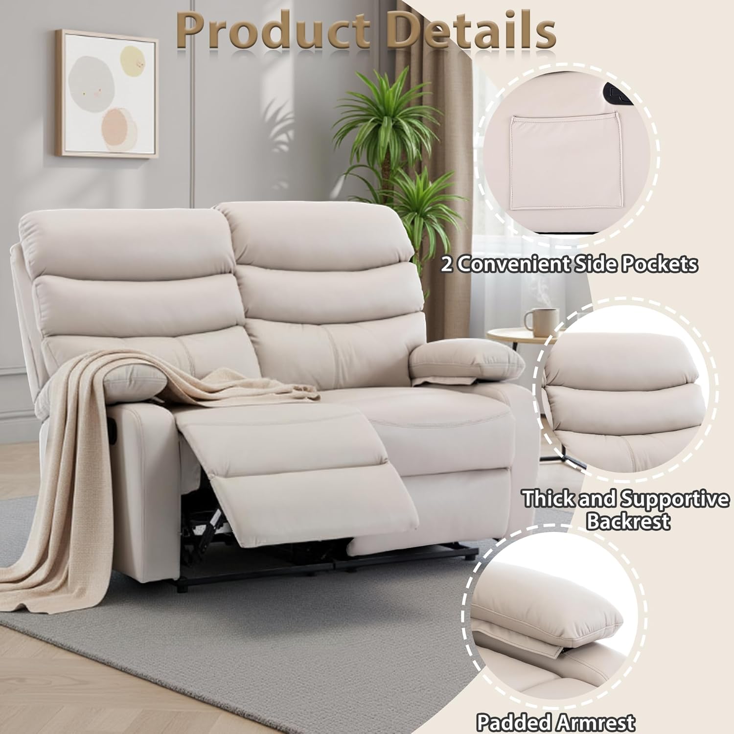 Faux Leather Reclining Loveseat, Manual Double Love Seat Recliner, RV Loveseat Recliner with Side Pockets for Living Room, Home Theater, Cream