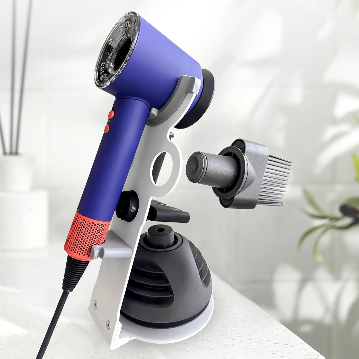 Hair Dryer Holder Stand for Dyson Hair Dryer, Upgraded Dyson Hair Dryer Holder Dyson Hair Dryer Stand White to Store 5 Dyson Hair Dryer Attachments with Cable Hook