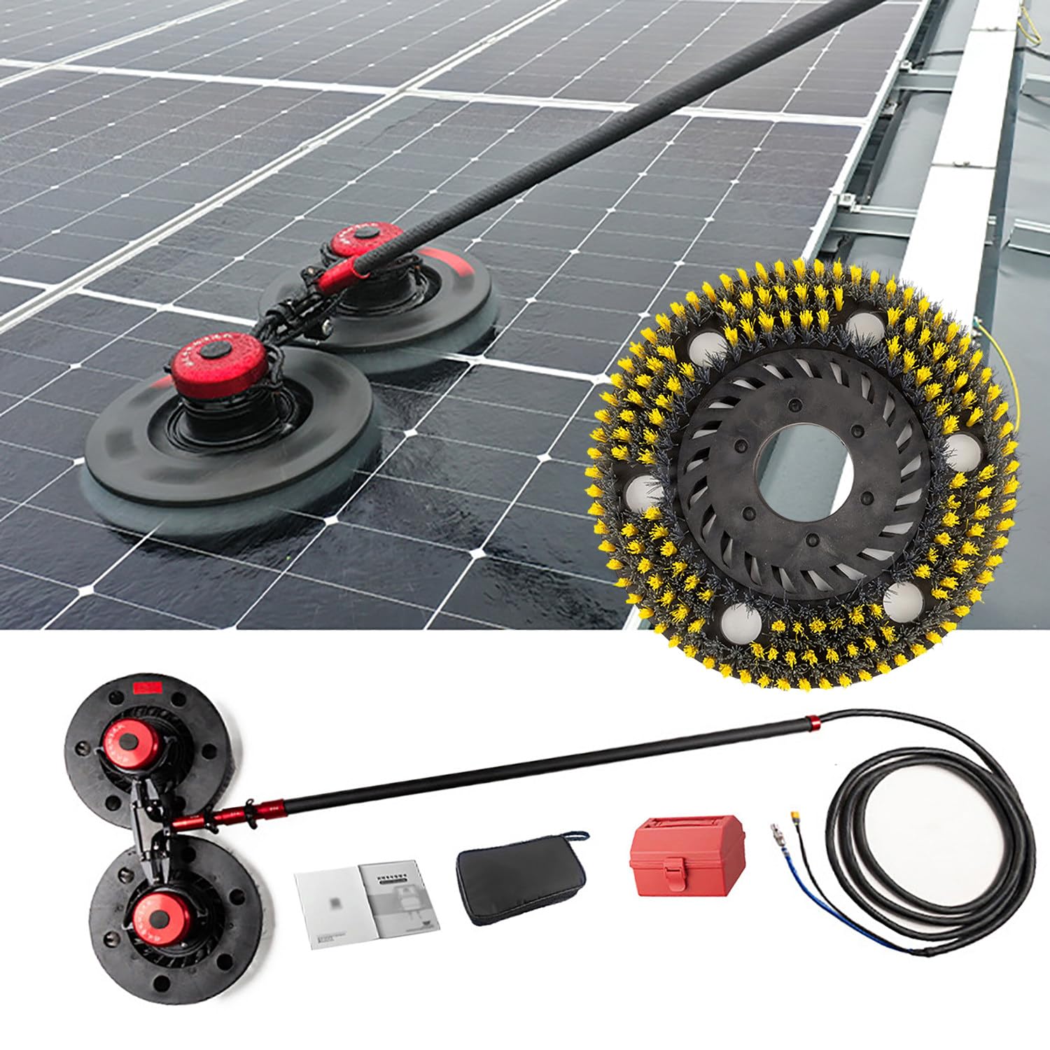 AYCDL Solar Panel Cleaning Kit with Carbon Fiber Telescopic Rod and Brushless Motor, Includes Power Converter and Dual Brush Heads for Efficient Pollution Removal,7.2m