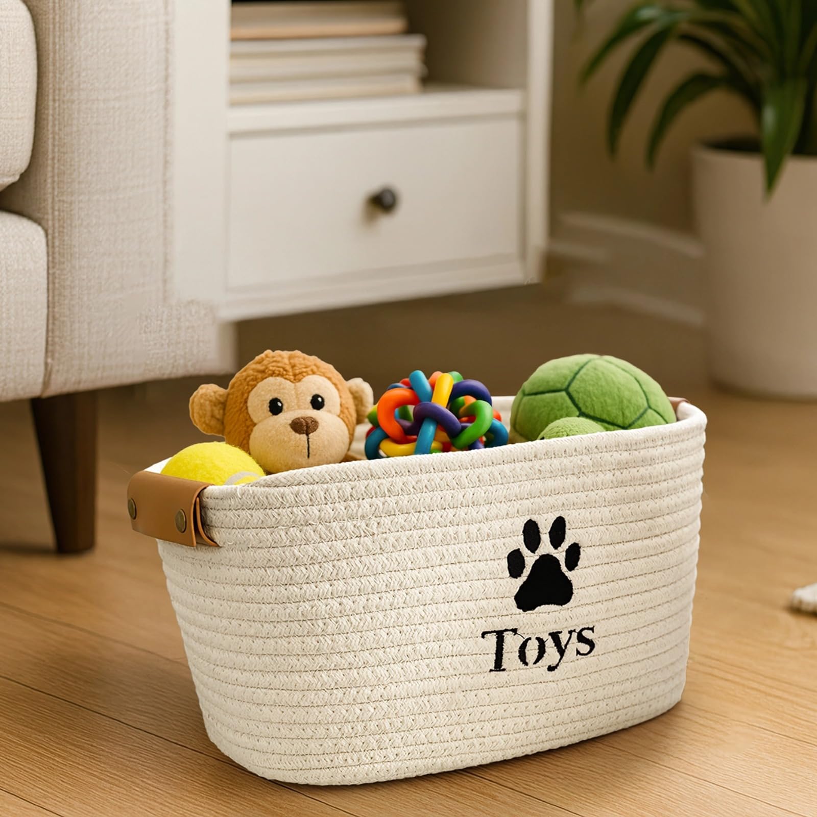 Haustier Spielzeug Aufbewahrungskorb, weiche Baumwolle Seil gewebt Organizer, langlebige klappbarer Bin für Hund Katze Spielzeug, geräumig 13 x 9 x 7,5 in / 33 x 23 x 19 cm, Beige