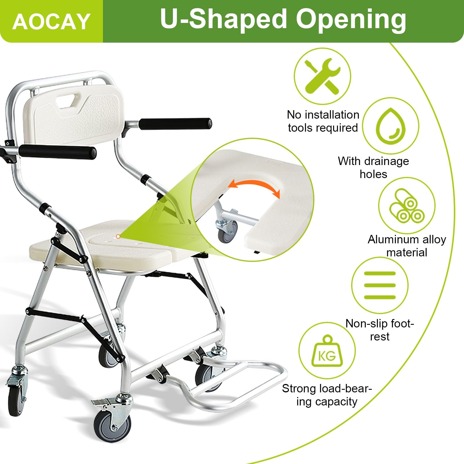 Silla de Ducha con Ruedas para Personas Mayores, Silla con Ruedas para Ducha, Silla Baño Ancianos Ducha, Taburete Ducha para Mayores con Reposabrazos y Reposapiés Plegables