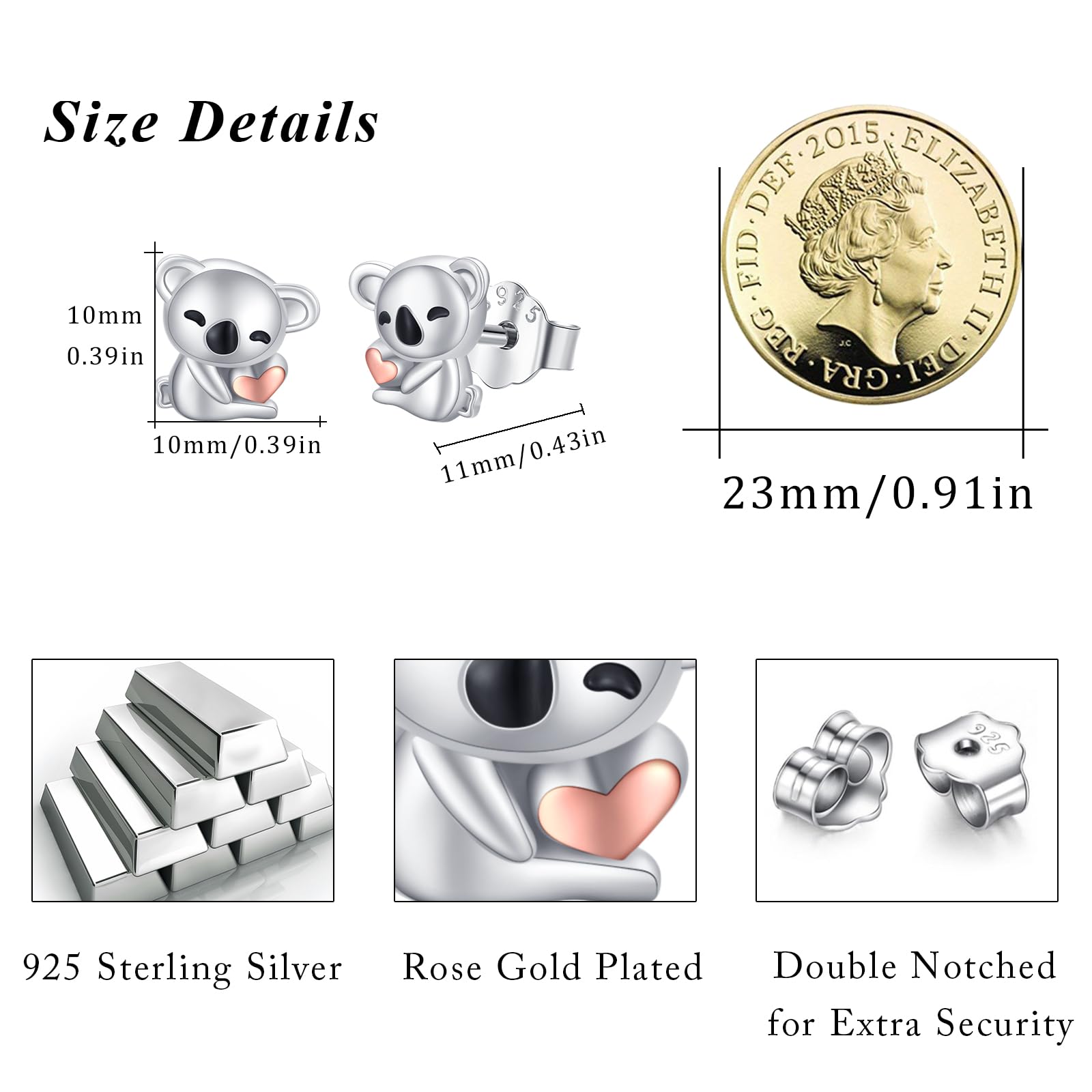 REDSUN Koala Orecchini da bambina in argento sterling 925, placcati oro rosa, orecchini koala, design carino per donne regalo
