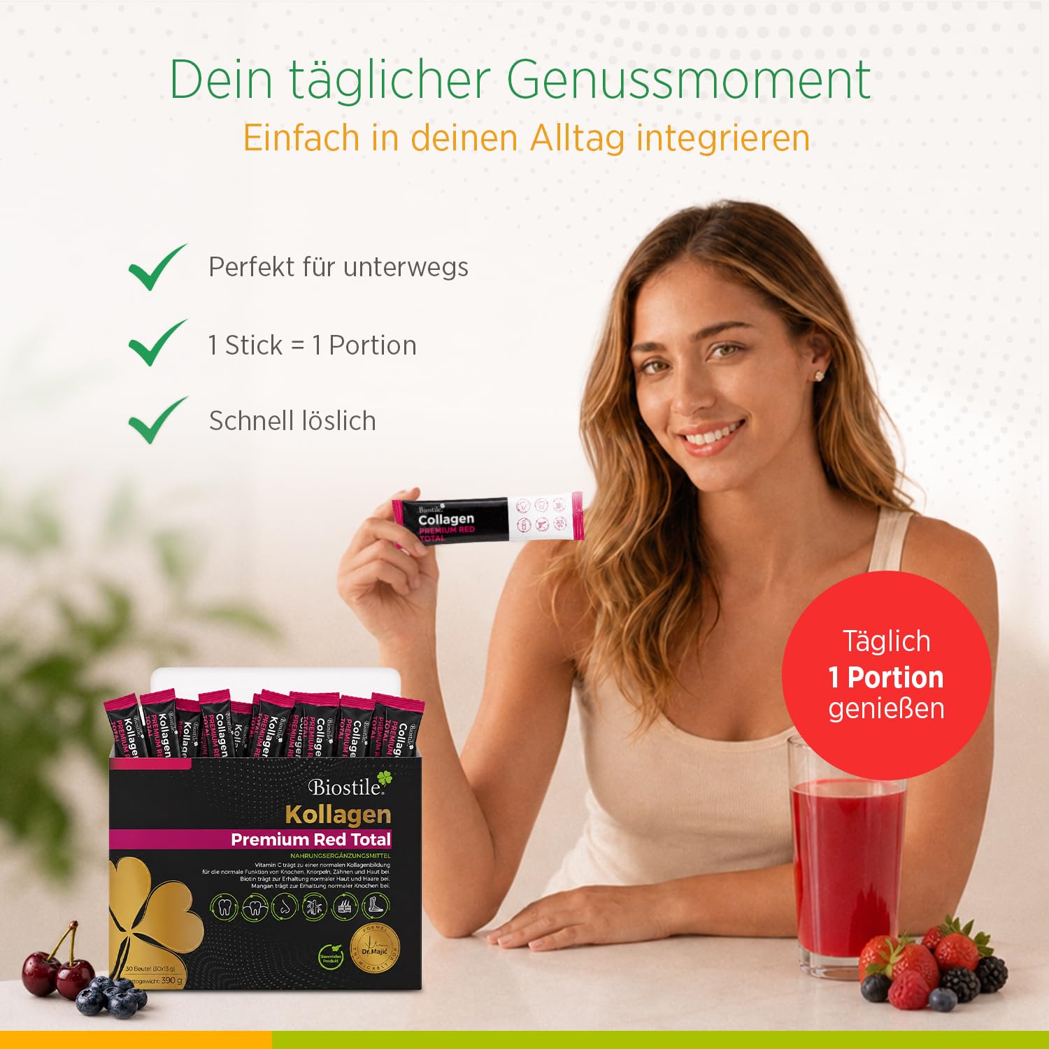 Collagen Premium Red Total – 30 Beutel mit 8600 mg hydrolysiertem Kollagen, Vitamin C, Curcumin, Shilajit, Zink, Kupfer, Biotin, Mangan und Silizium für Haut, Gelenke und Knochen