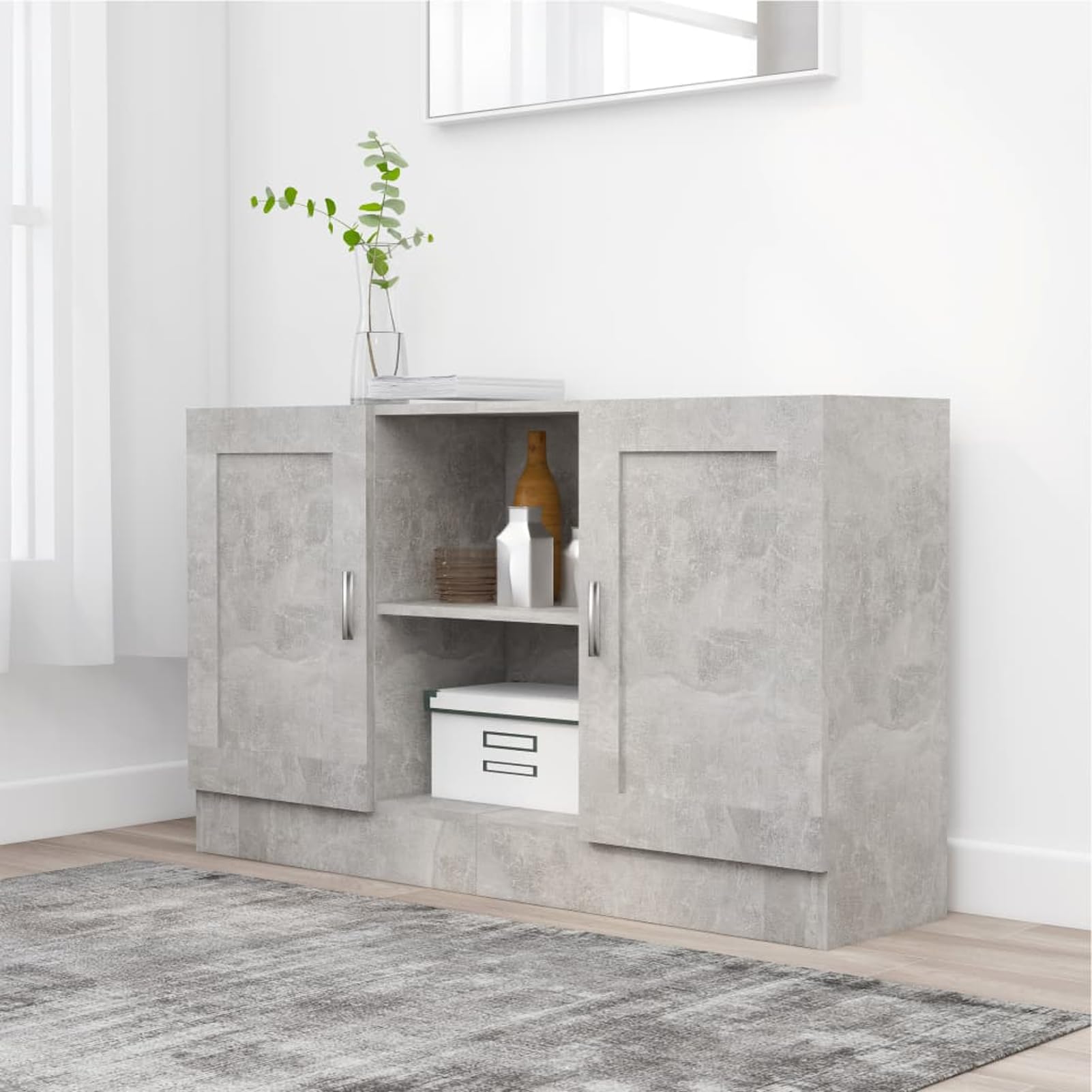 Credenza da 120 cm, in legno grigio cemento, pratico armadietto con spazio e ripiano per libri, decorazioni e multimediali