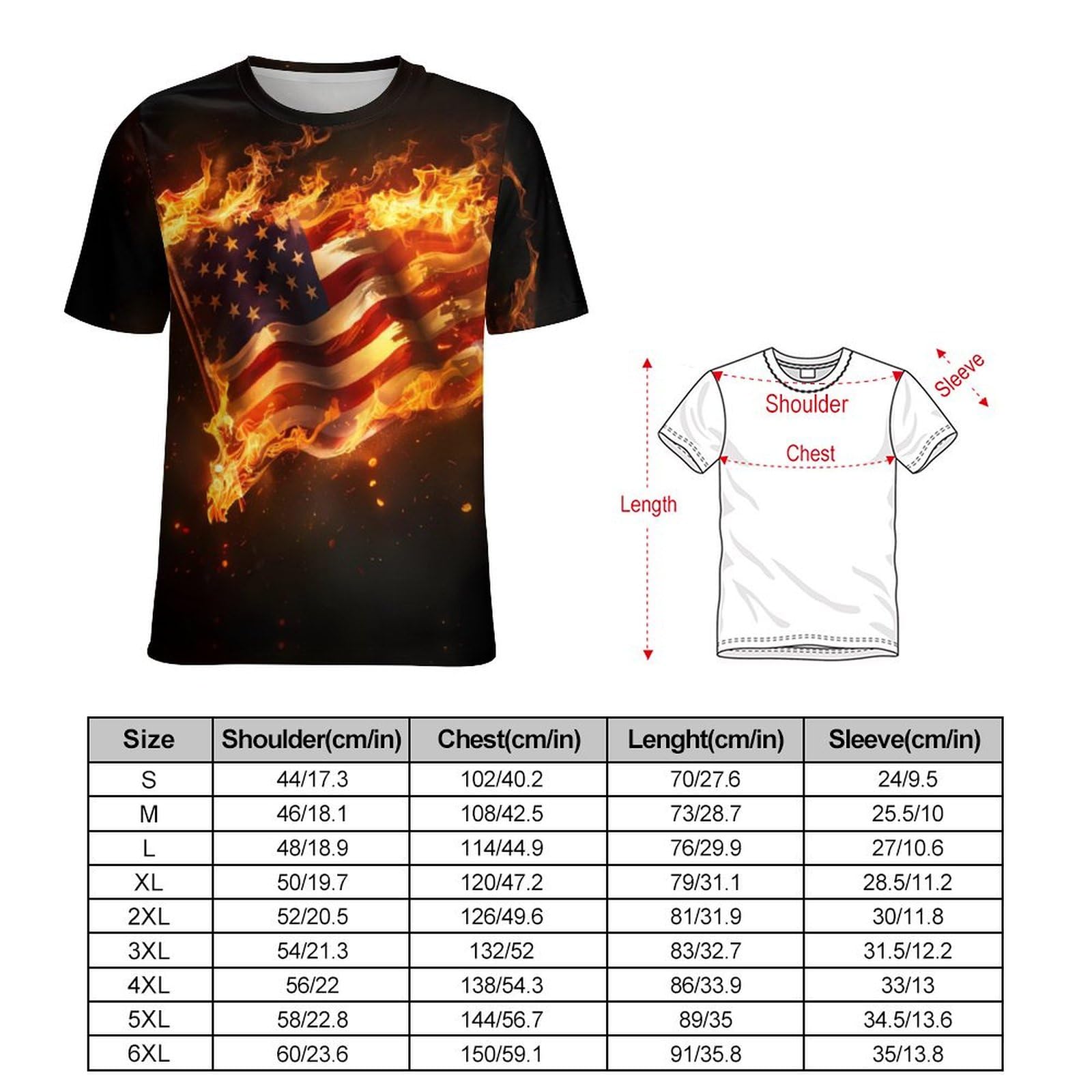 Fire and Flames of U.S. Burning Unisex Adult T-Shirts Summer Short Sleeve Tee Casual Tops Funny Graphic L
