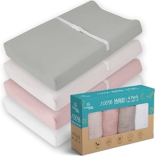 CrimsonMark 100% Muslin Changing Pad Cover Pack of 4-32x16 Ultra Soft 120GSM Baby Changing Pad Covers for Girls and Boys - Easy wash Diaper Changing pad Cover with Low Shrinkage