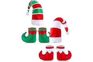 Christmas Elf Shoes Hat Sets - 6 Pcs Red Green White Xmas Costume Accessories