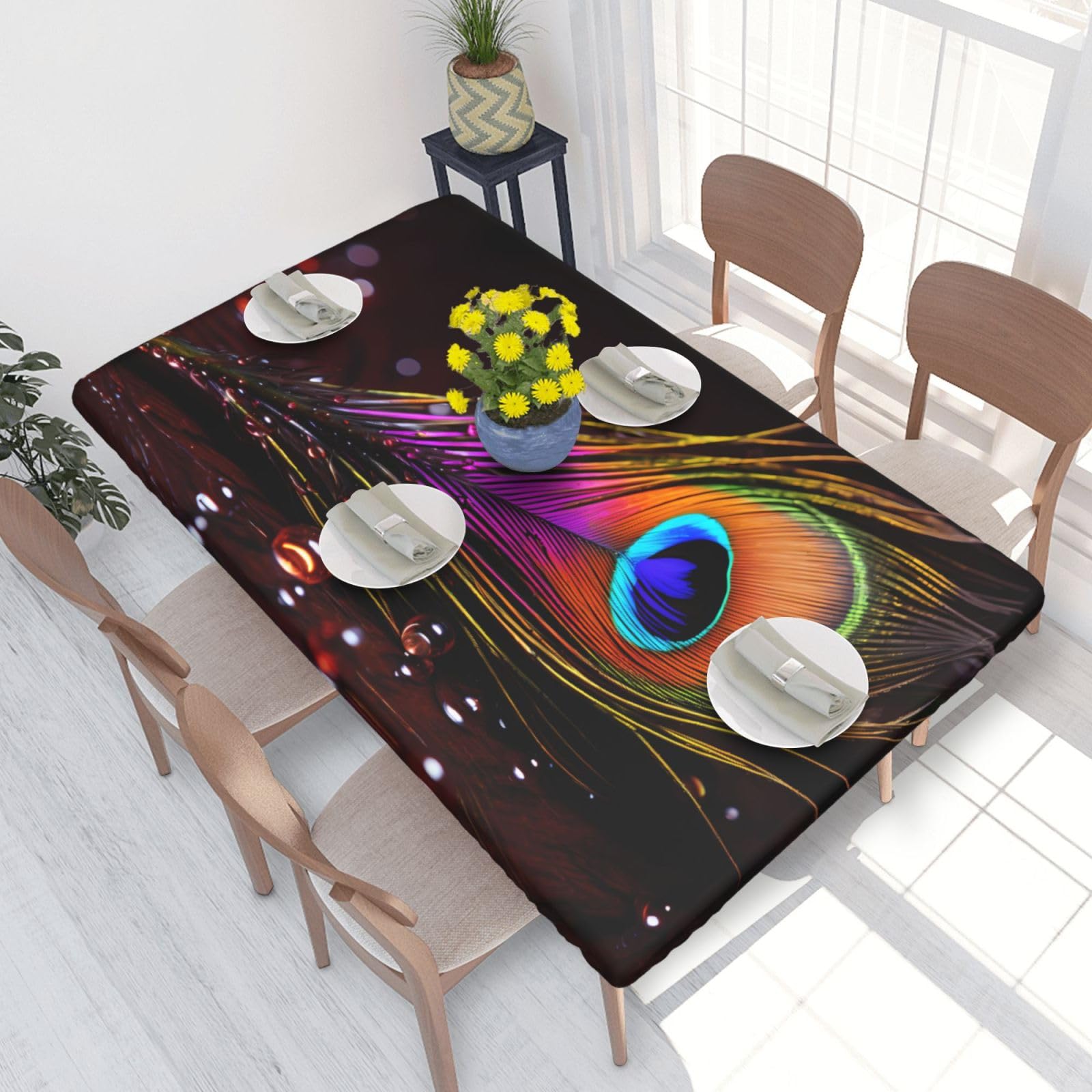 Feather Waterproof Square Table Cover Elastic Fitted Tablecloth Oil Proof Table Protector For 4ft Table