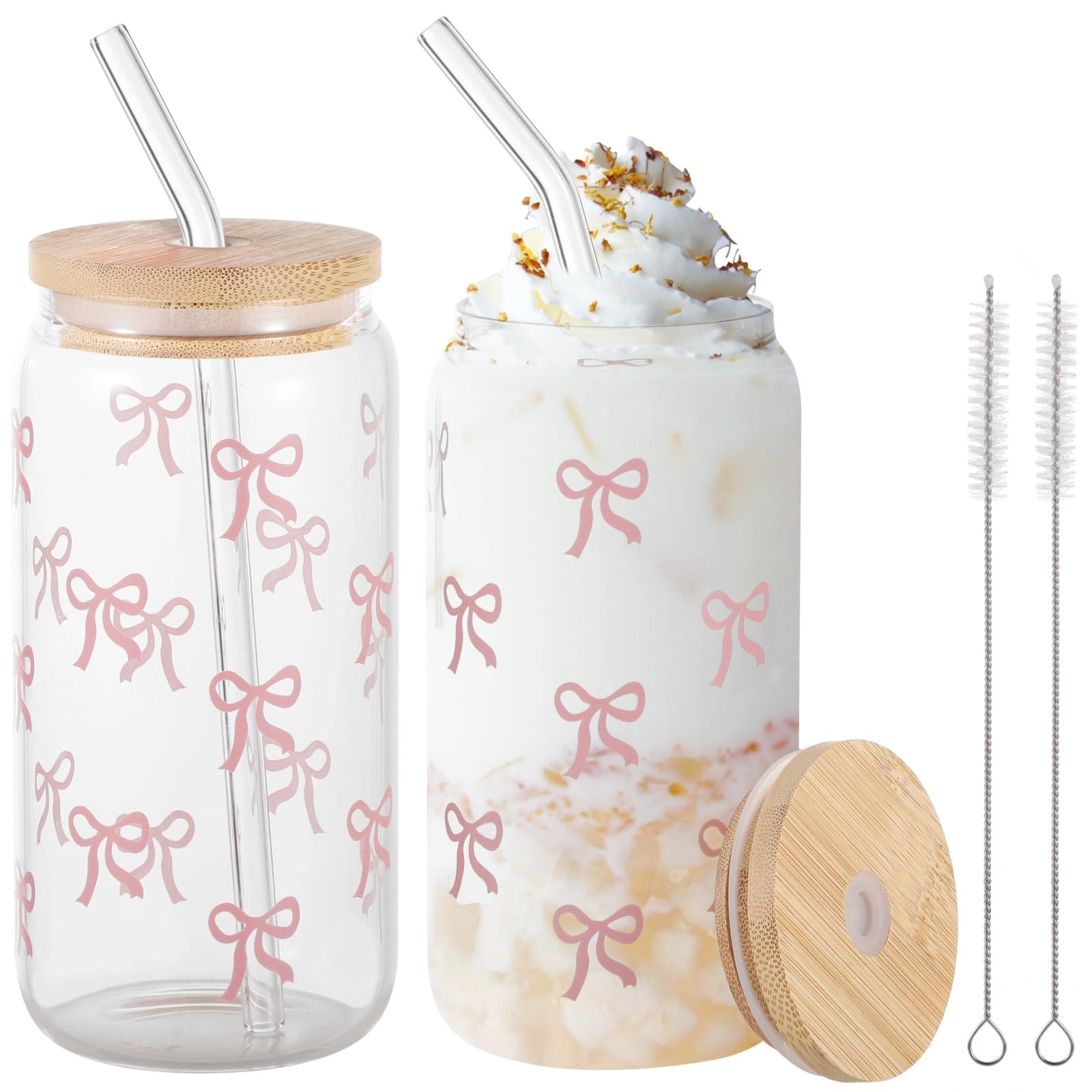 Vasos de vidrio con lazo rosa de borosilicato con tapas y pajitas juego de 2 piezas para café