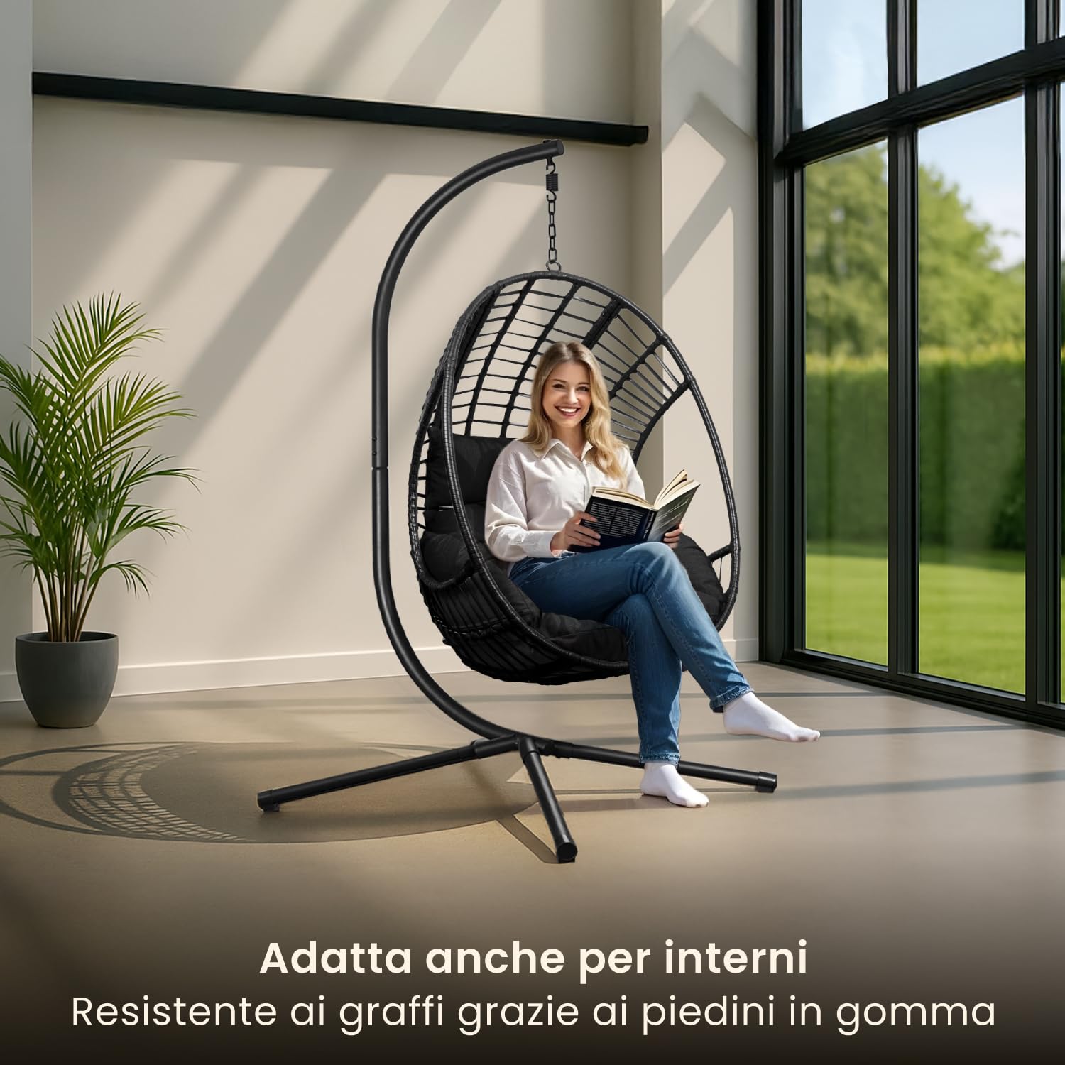 Swoods XXL poltrona sospesa - poltrona sospesa da giardino - Per uso interno ed esterno - con cuscino - resistente alle intemperie - portata fino a 150 kg (Nero)