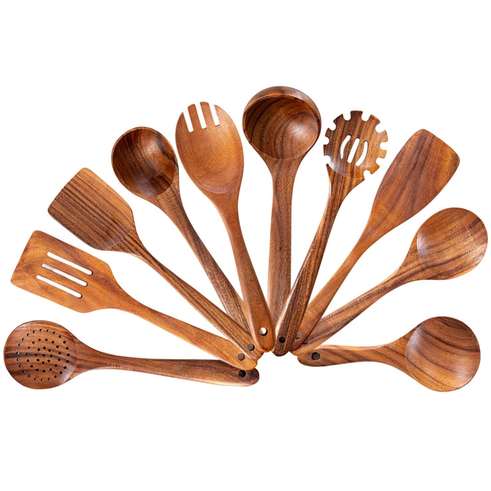 Lot de 10 ustensiles de cuisine en bois d'acacia naturel avec cuillère et