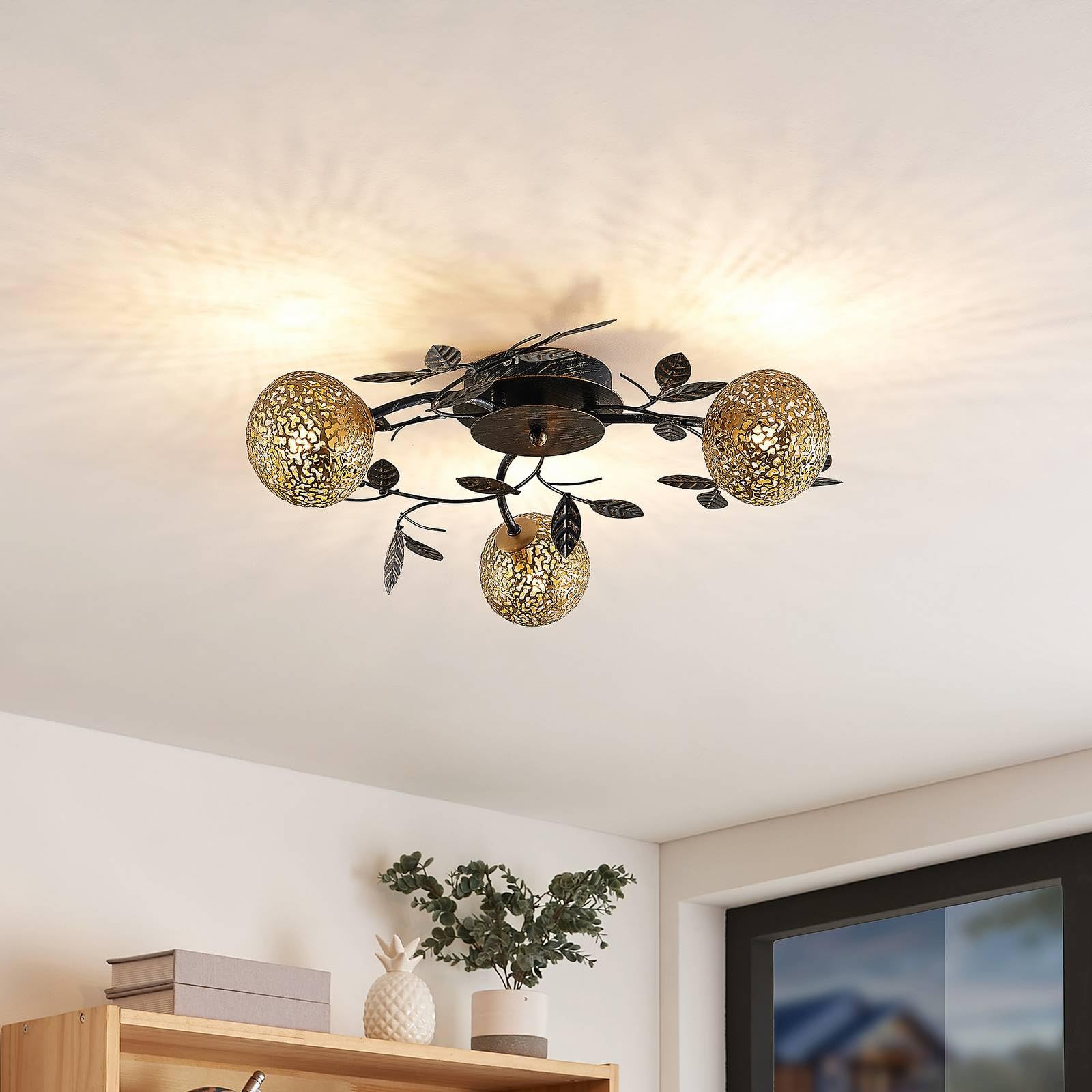 Lucande lámpara de techo en negro, oro, plafón | lámpara de salón, g9, 3 bombillas, florentino para sala de estar, salón, pasillo, dormitorio, comedor