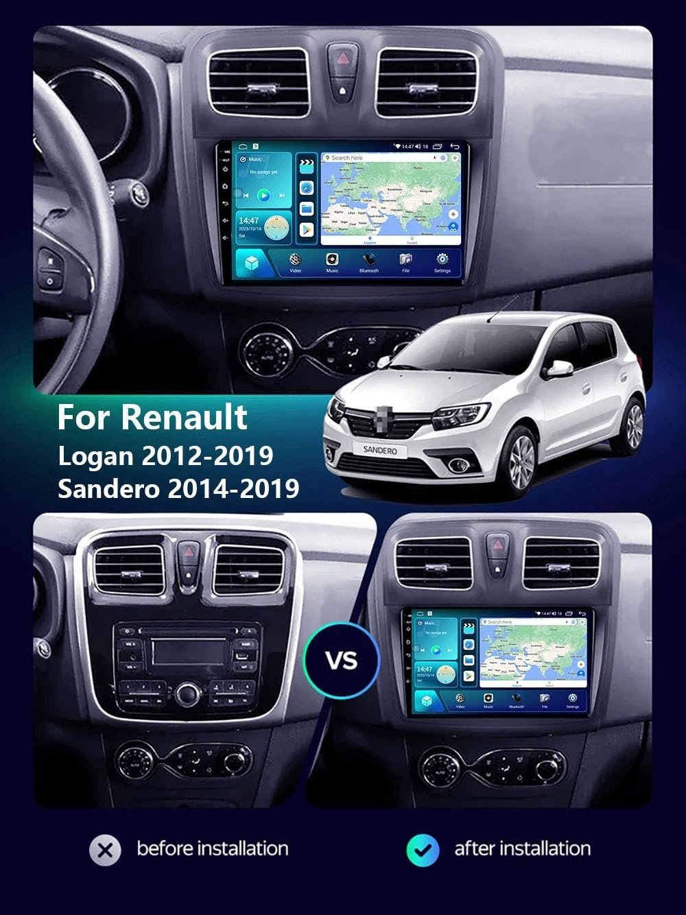 Wyświetlacz Carplay dla Renault Logan 2 2012-2019 Z Kamerą Cofania, Mirror Link, Sterowaniem Głosowym I Radiem Fm, 4 Rdzeń 4G+64G