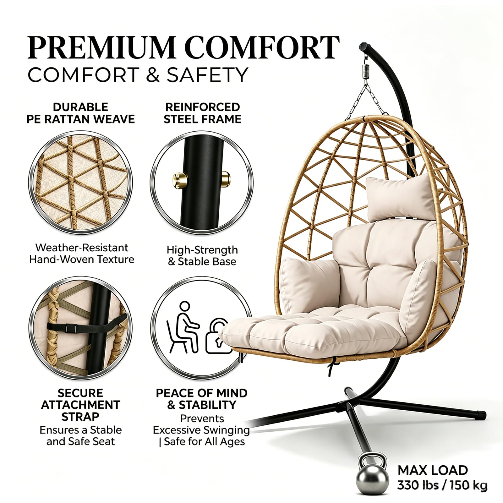 Poltrona sospesa con telaio, per interni ed esterni, fino a 150 kg, poltrona sospesa da giardino, con copertura impermeabile e lavabile, per balcone, terrazza (grigio)
