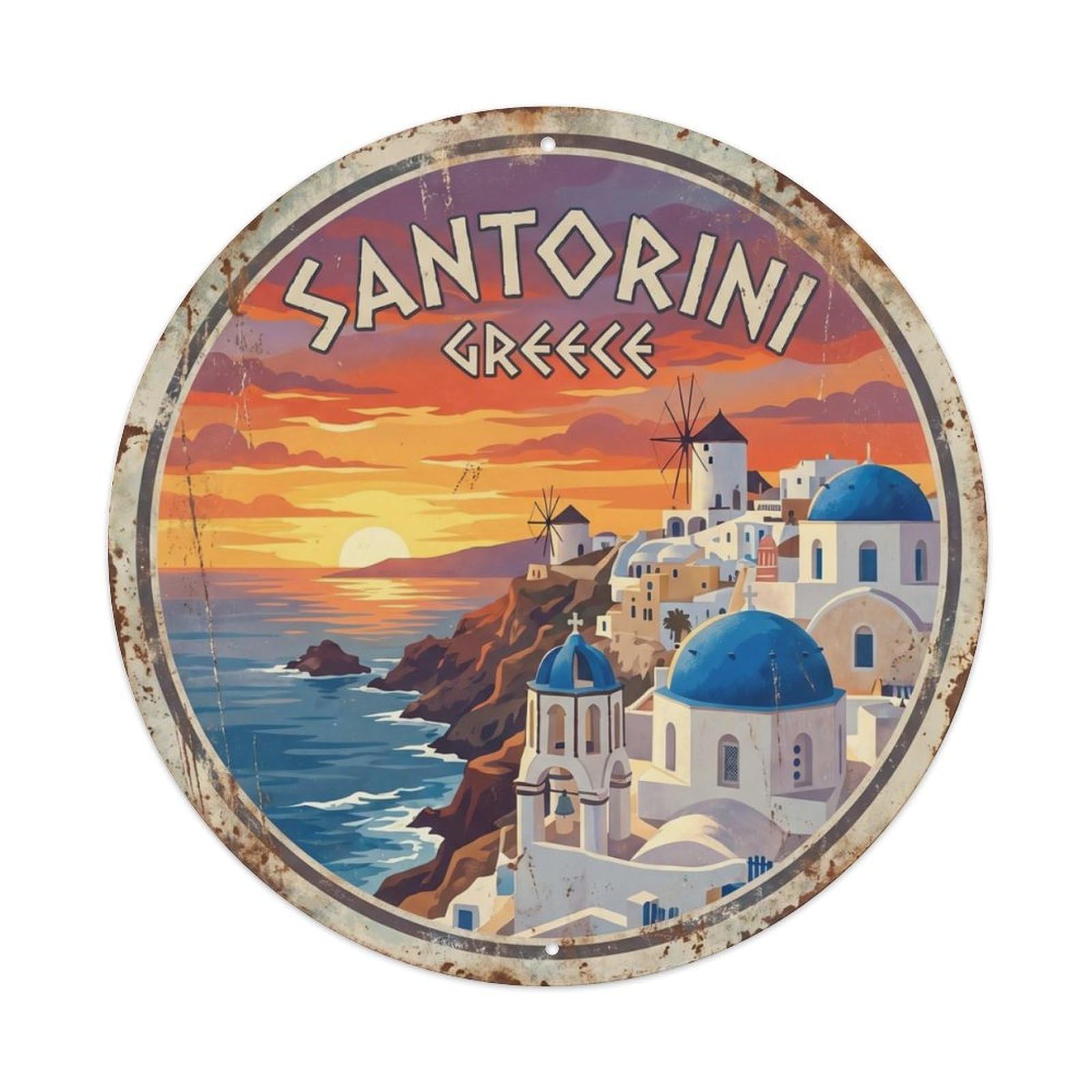 Vintage Travel Santorini Whitewashed Village Metal Tin Sign Plaque Wall Decor for Cafe, Club Bar, Office, Home Garden Round Metal Poster 8x8Inch