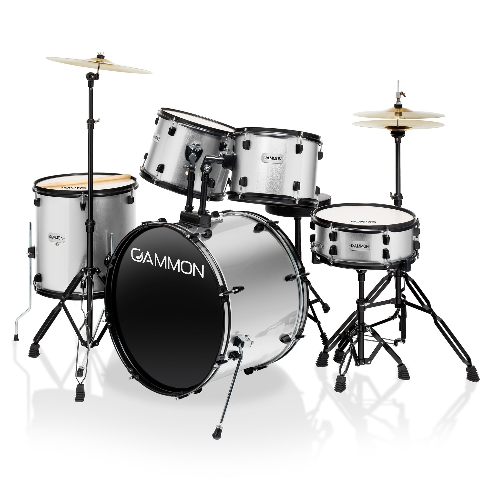 Gammon Percussion Full Size Complete Adult 5-Piece Drum Set with Cymbals, Stands, Stool, and Sticks - Silver