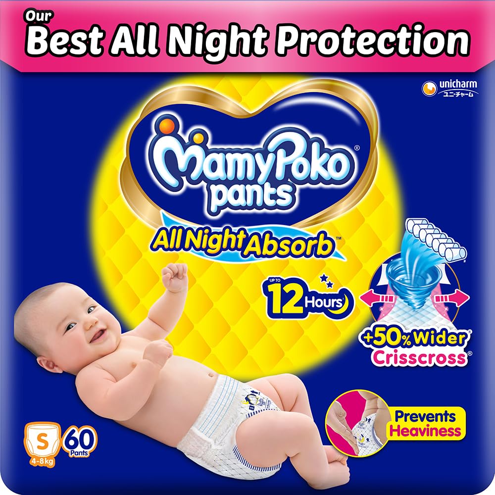 Mamypoko pants All Night Absorb| Pant Style Baby Diapers Small Size(S), 60 Count, Ideal for 4-8Kgs|+50% wider and repeated absorption for all night 12hr protection from leakage, prevents heaviness.