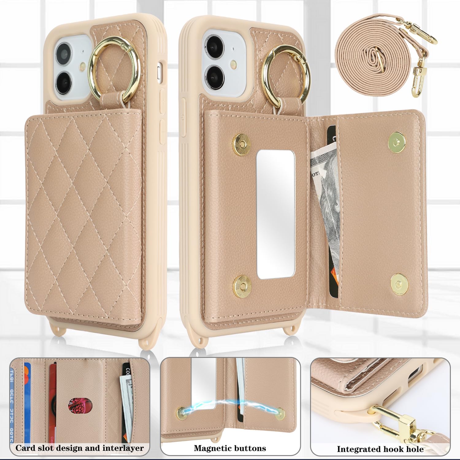 for iPhone 12 Case with Card Holder and Strap for Women,Crossbody Lanyard, Make Up Mirror,Ring Stand,Snap Clasp,Cute Phone Wallet Cases 6.1 inch - Off-White