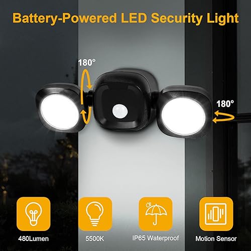 Miniatura 4 de Battery Powered Motion Sensor Outdoor Lights - Wireless Motion Detected LED Flood Light,5500K,IP65 Waterproof Motion Sensing Dual Head Security