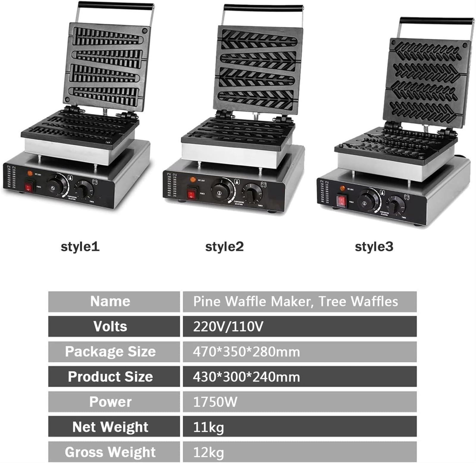 Macchina per Waffle 4 Pezzi, elettrica Commerciale, in Acciaio Inossidabile, a Forma di Albero, con Controllo della Temperatura e del Tempo, Maniglia atermica, Adatta per panetteri,Style1