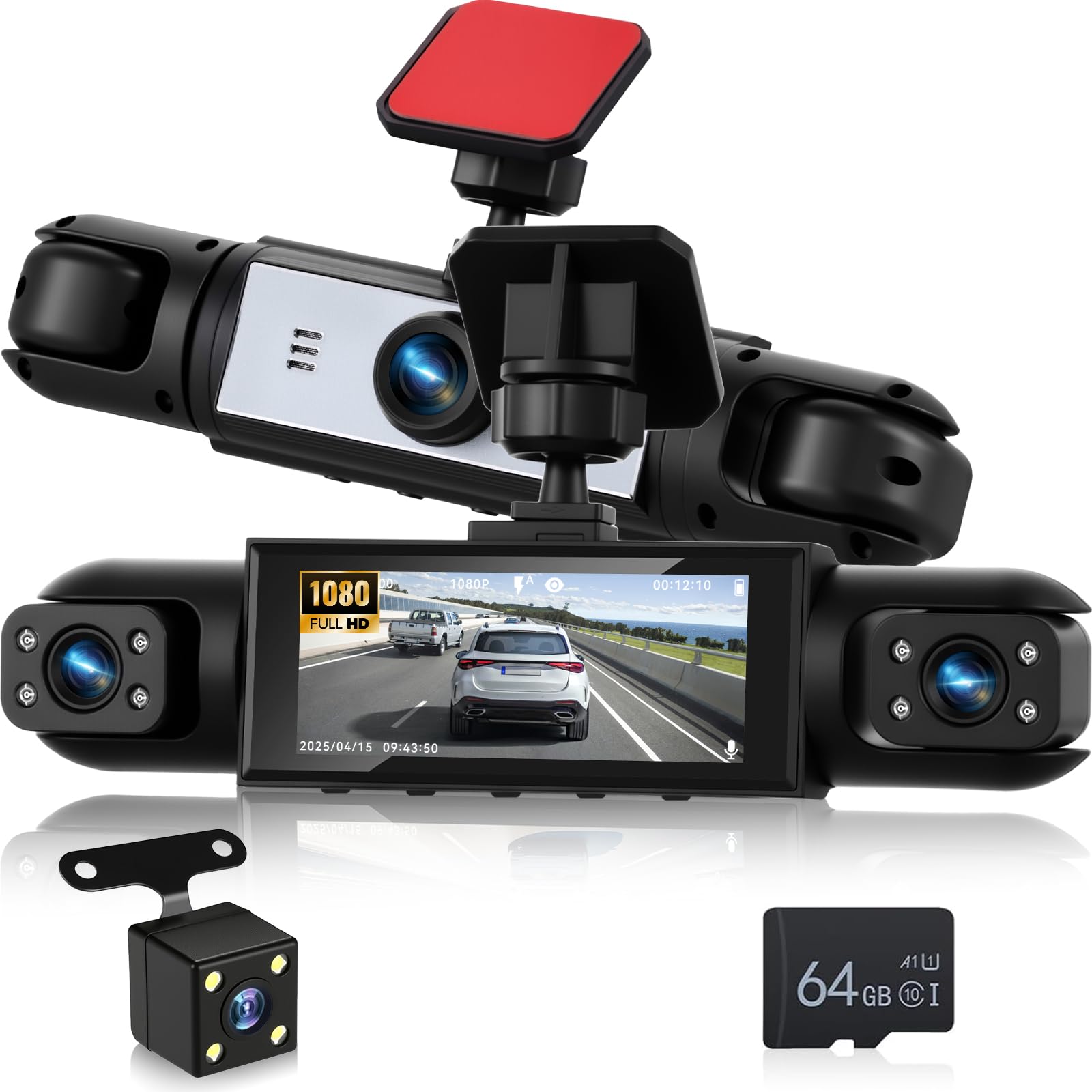 NHOPEEW Dashcam a 4 canali anteriore e posteriore per auto con display da 3,16 pollici - Dashcam a 360° con supporto 8R, visione notturna, registrazione in loop e rilevamento del movimento